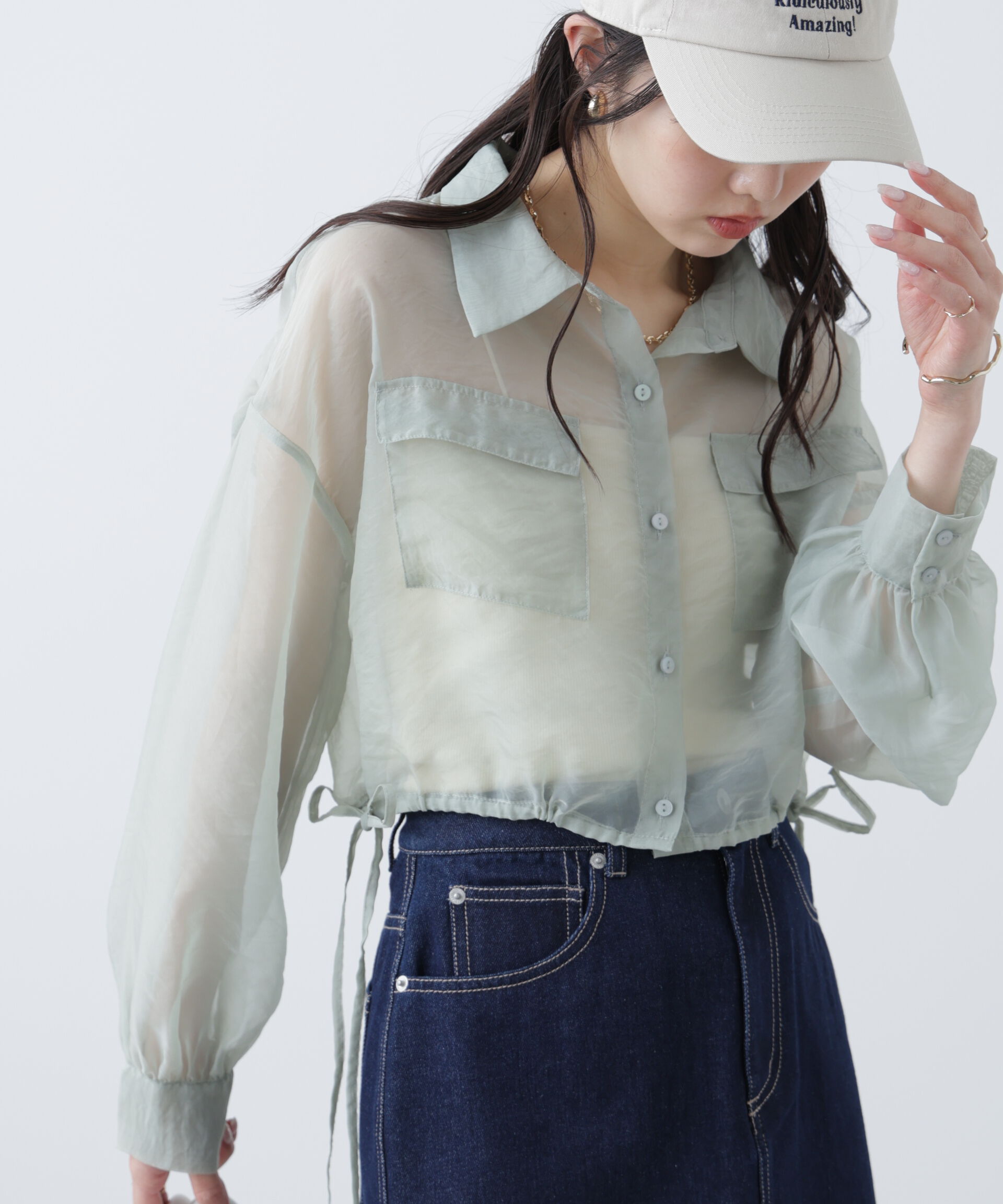  「裾ドロストショート丈シアーシャツ」|シャツ・ブラウス|ライトグリー