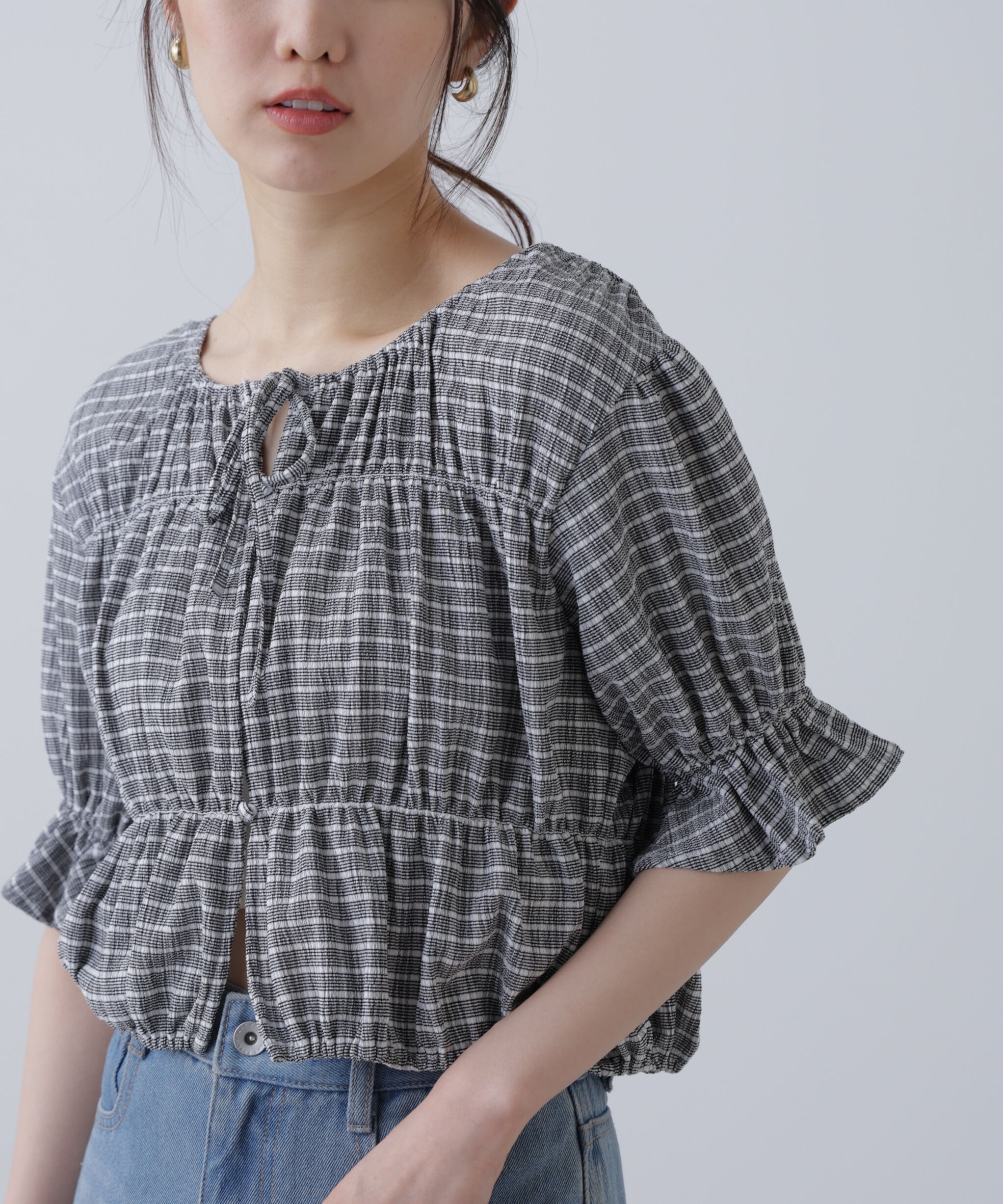  「シアーギャザー前開き短丈半袖ブラウス」|シャツ・ブラウス|