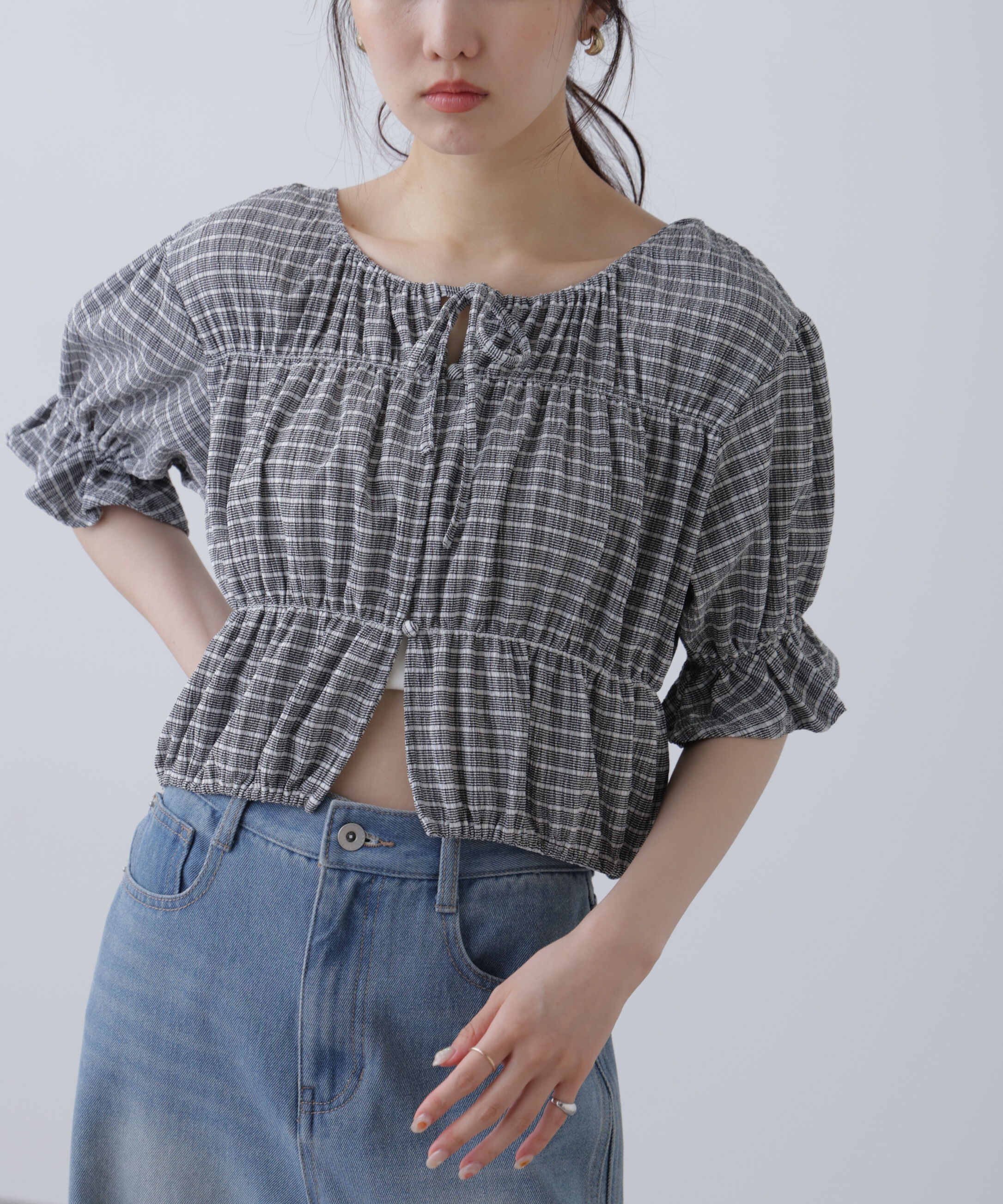  「シアーギャザー前開き短丈半袖ブラウス」|シャツ・ブラウス|