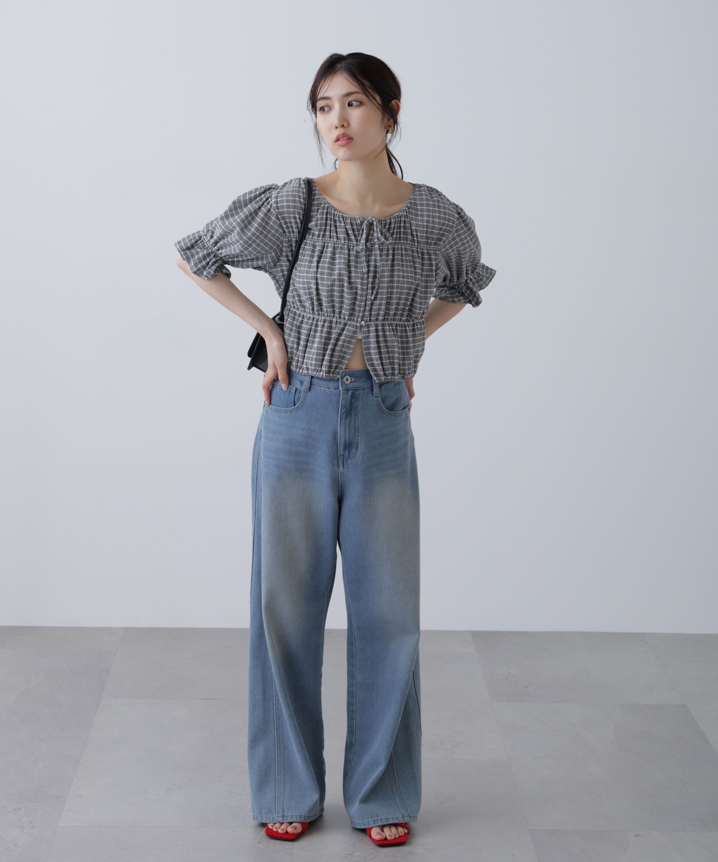  「シアーギャザー前開き短丈半袖ブラウス」|シャツ・ブラウス|