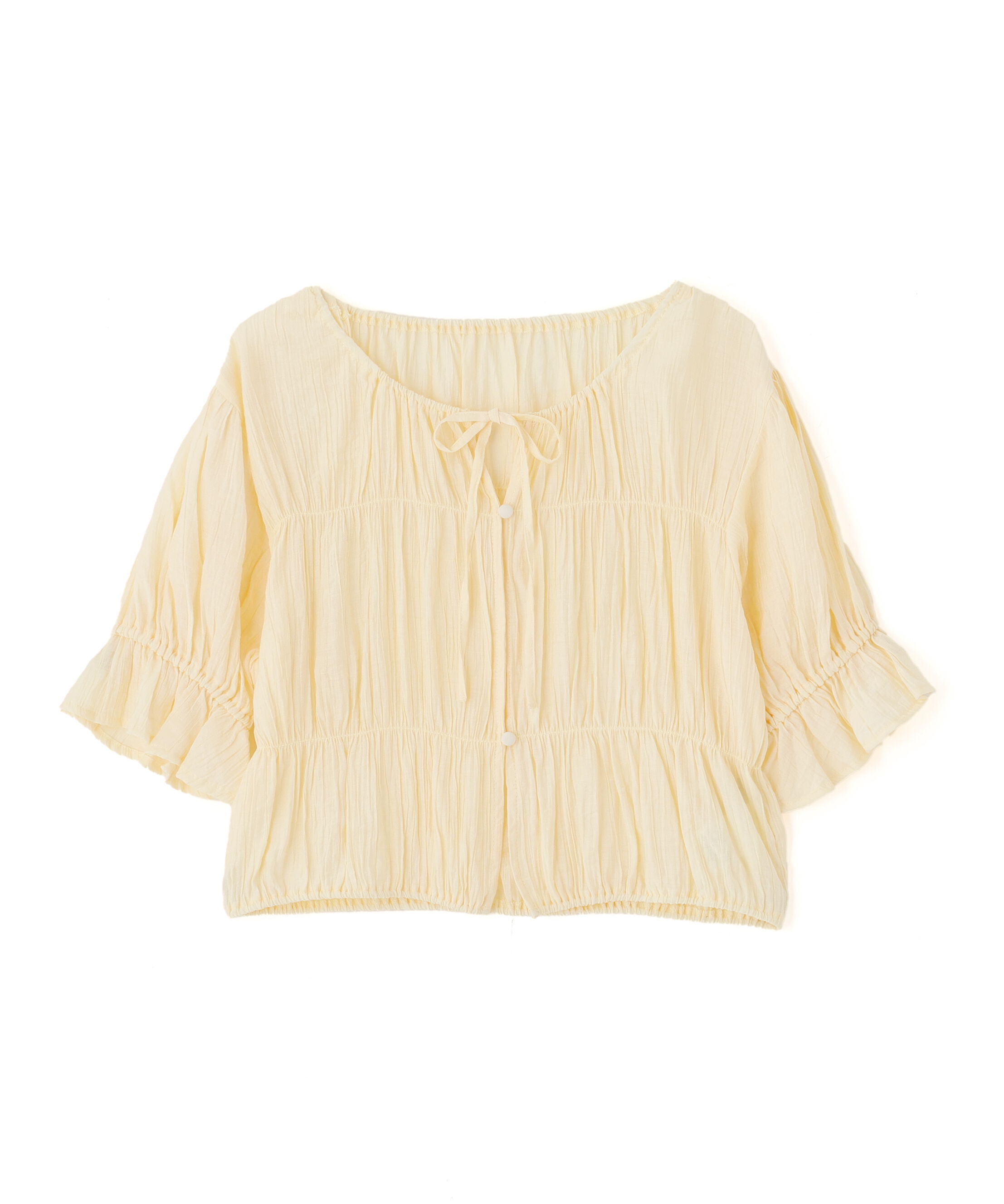  「シアーギャザー前開き短丈半袖ブラウス」|シャツ・ブラウス|