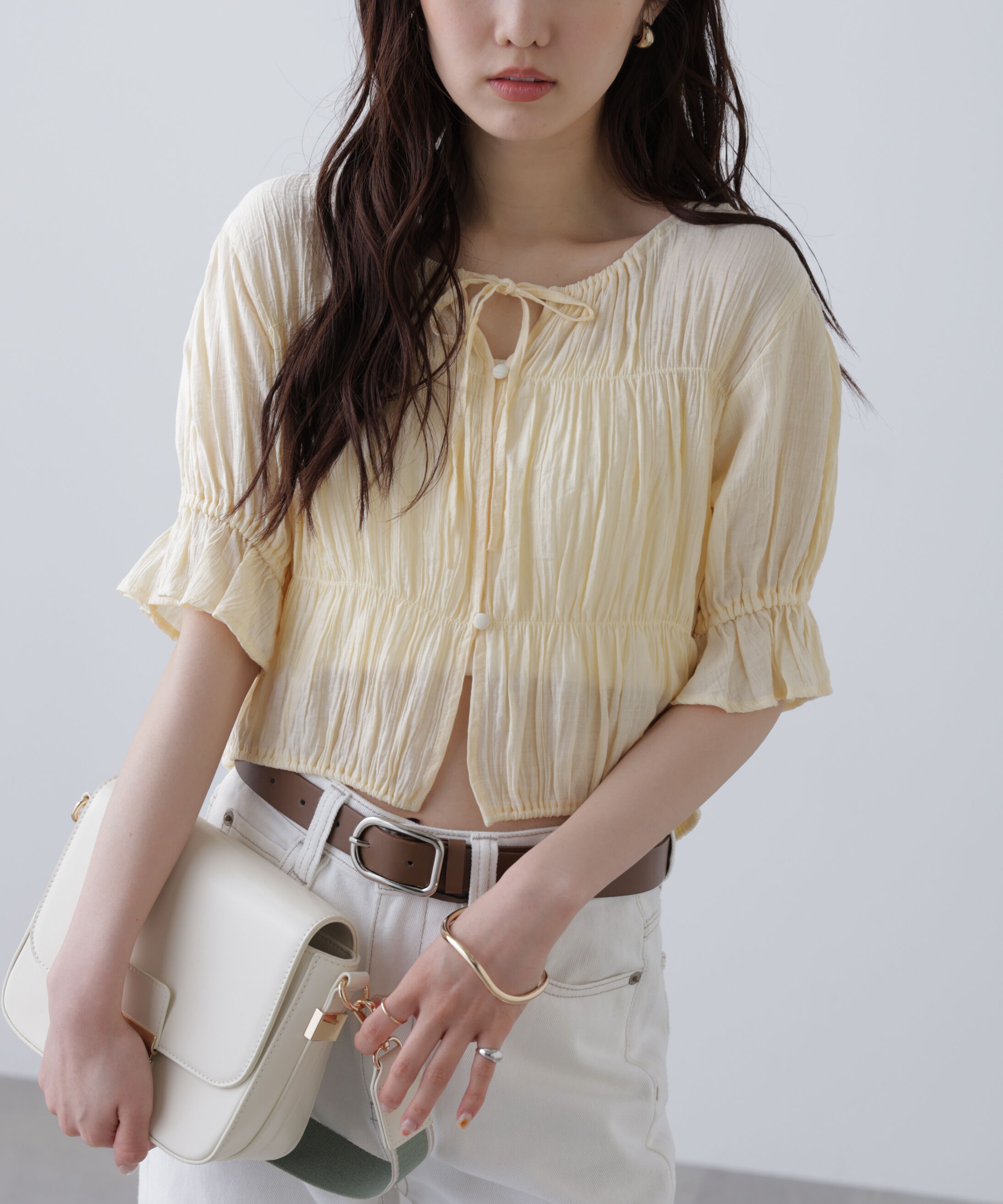  「シアーギャザー前開き短丈半袖ブラウス」|シャツ・ブラウス|