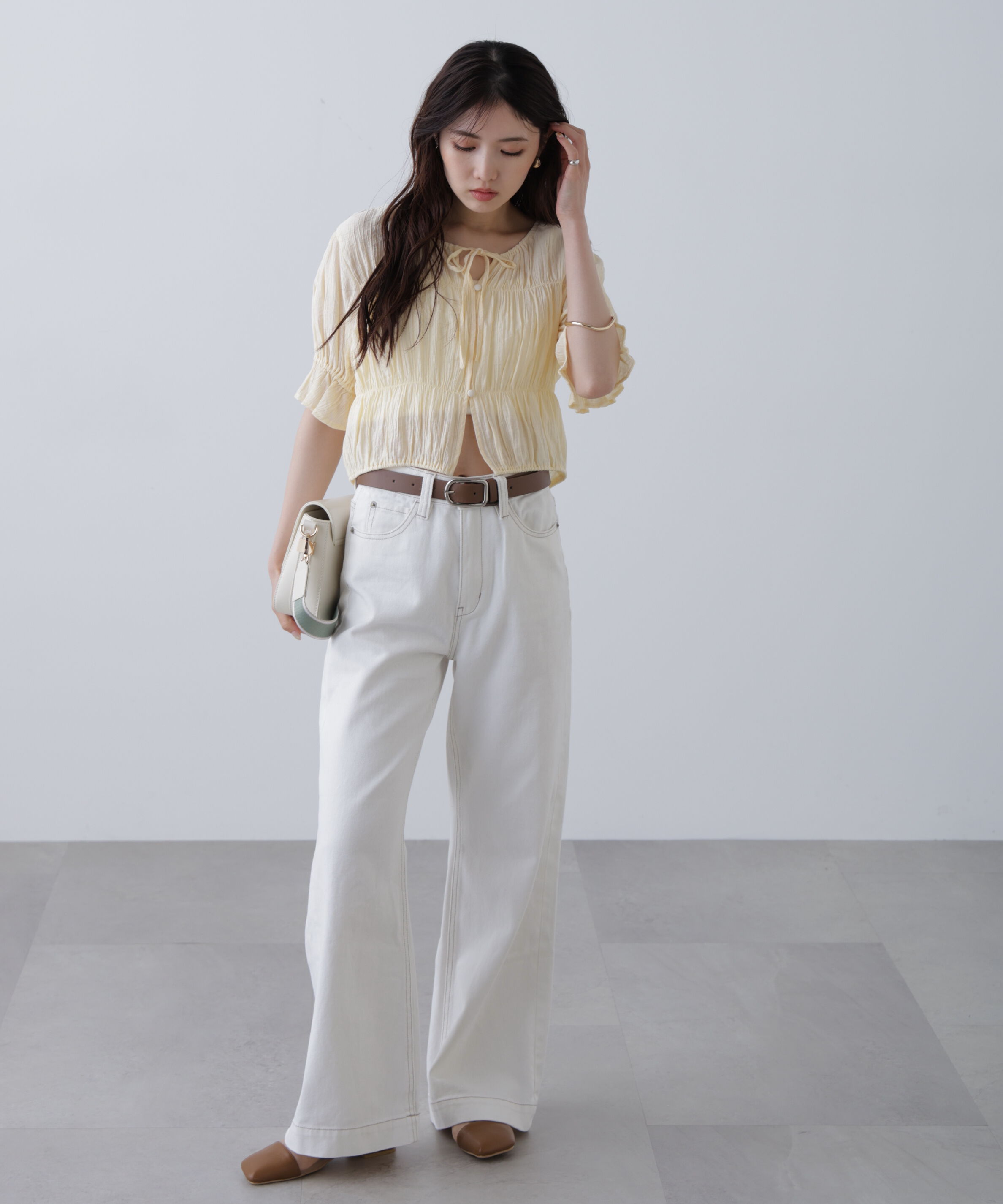  「シアーギャザー前開き短丈半袖ブラウス」|シャツ・ブラウス|