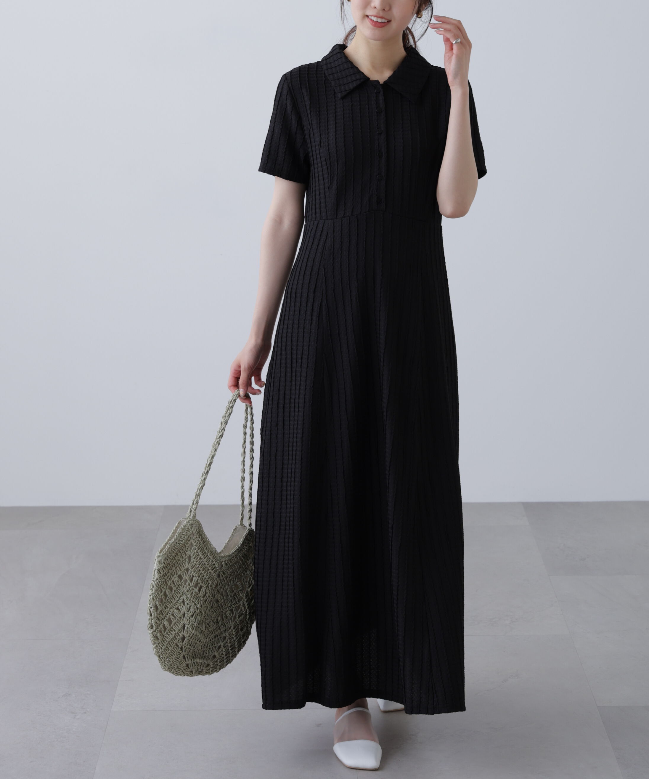  「カットジャガードポロワンピース」|ワンピース|ブラック