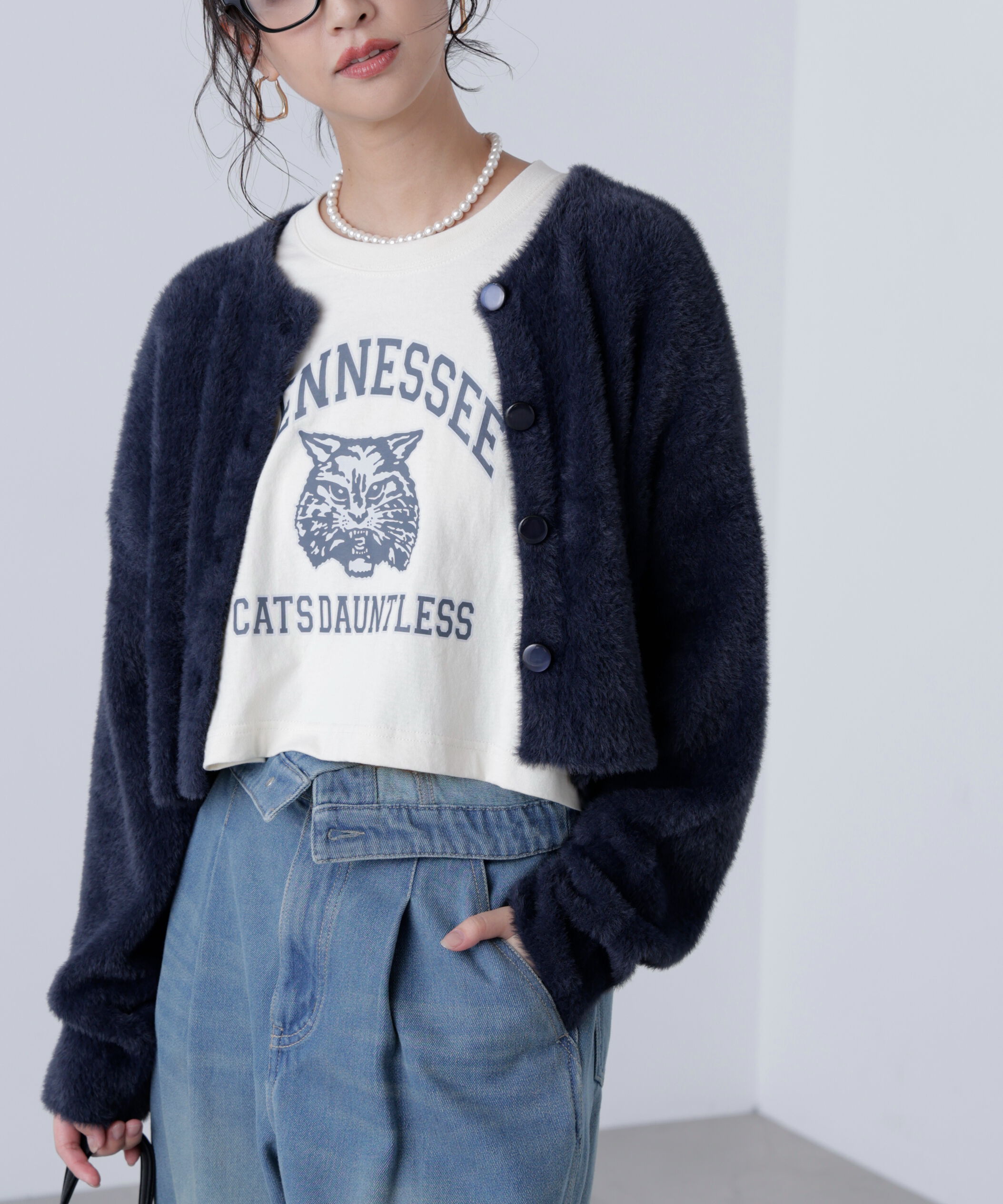  「前後2wayショートシャギー短丈ニット」|ニット・セーター|ネイビー