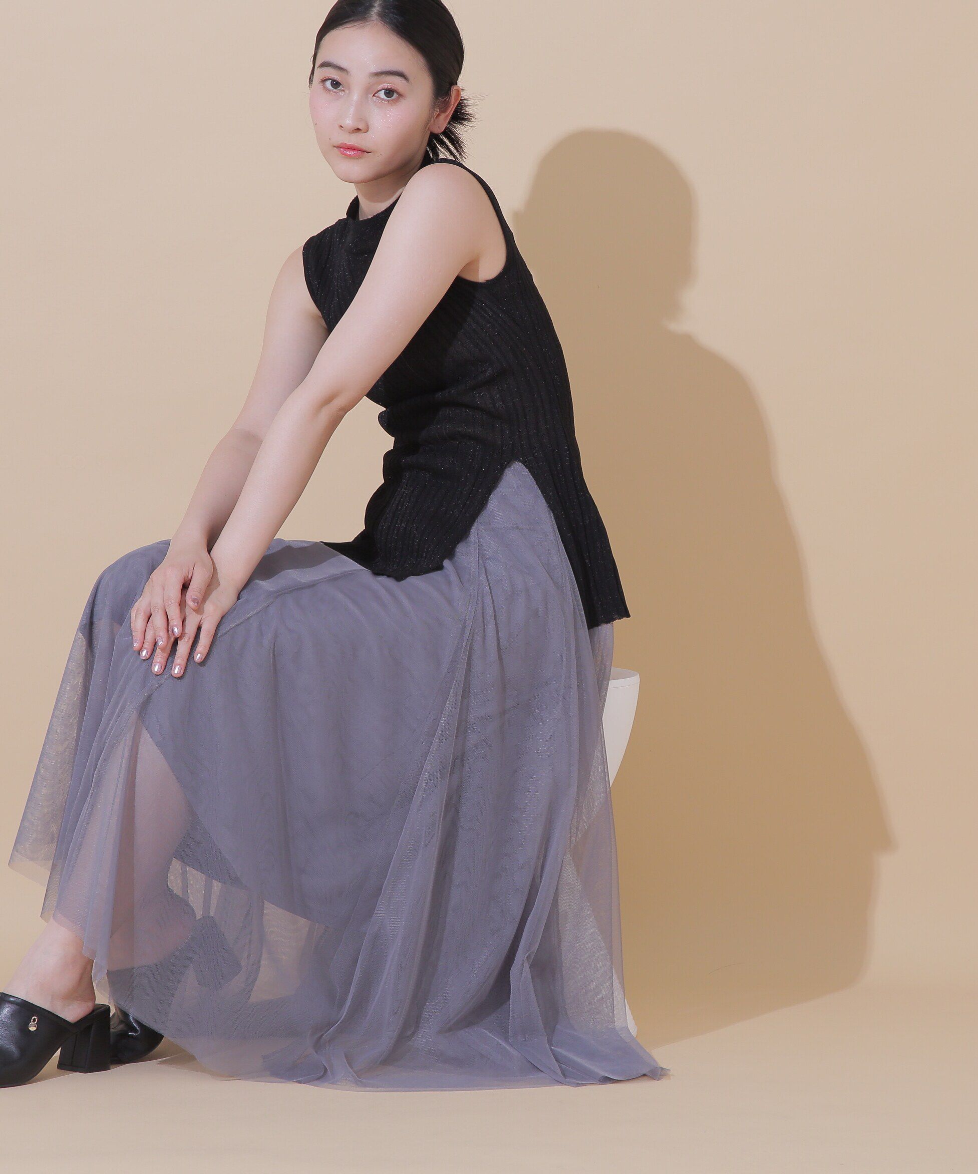  「ラメニットチュールスカートセット」|ワンピース|ブラック