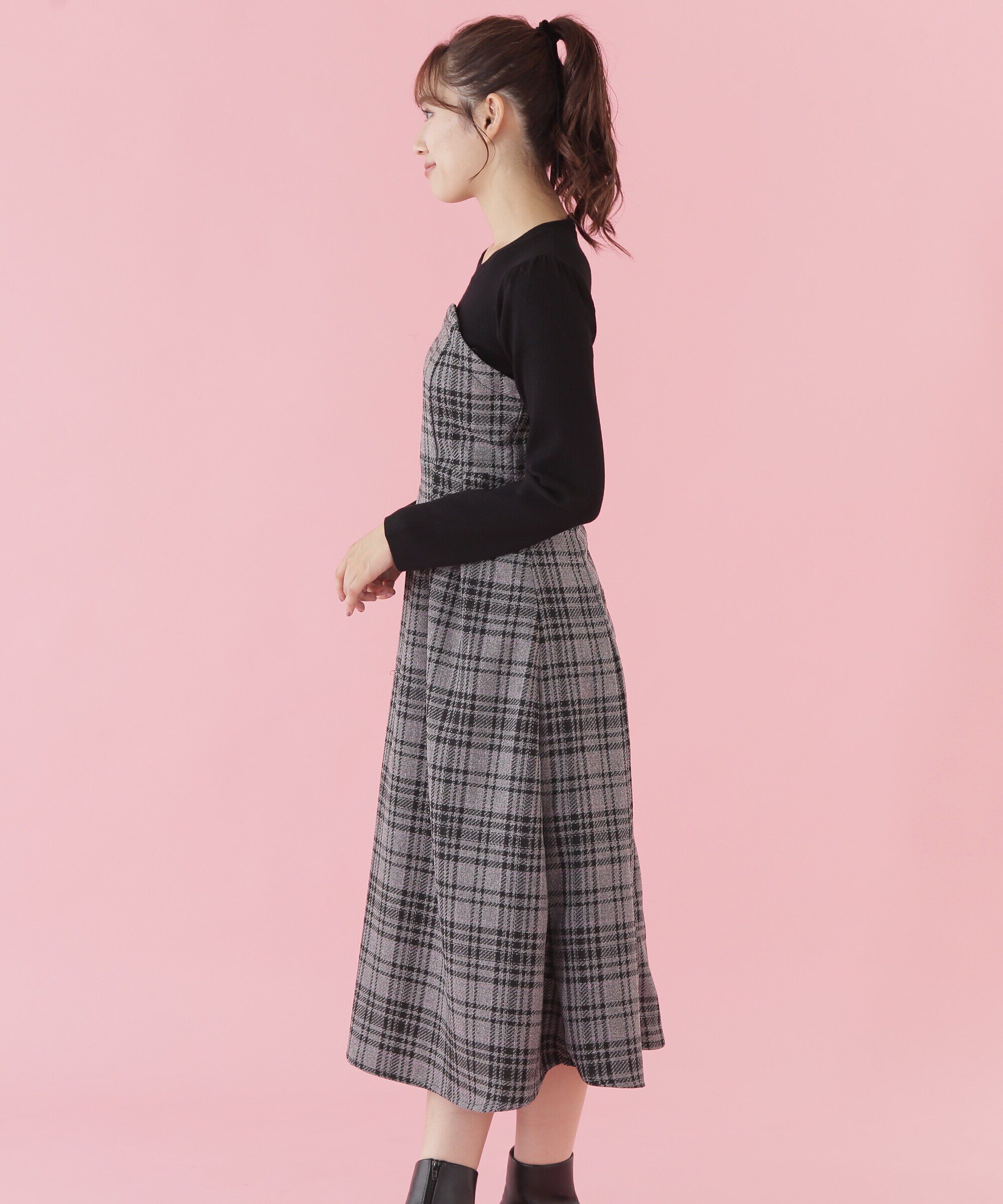  「オリジナルミックスツィードチェック　ドッキングワンピース」|ワンピース|