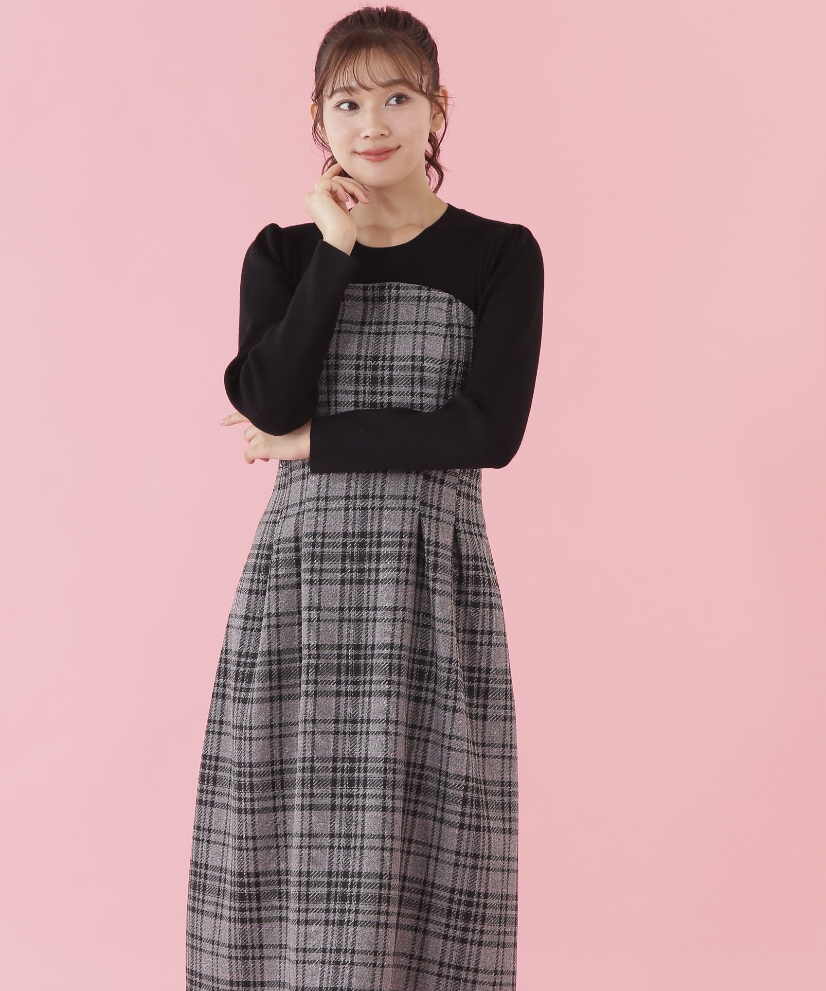  「オリジナルミックスツィードチェック　ドッキングワンピース」|ワンピース|