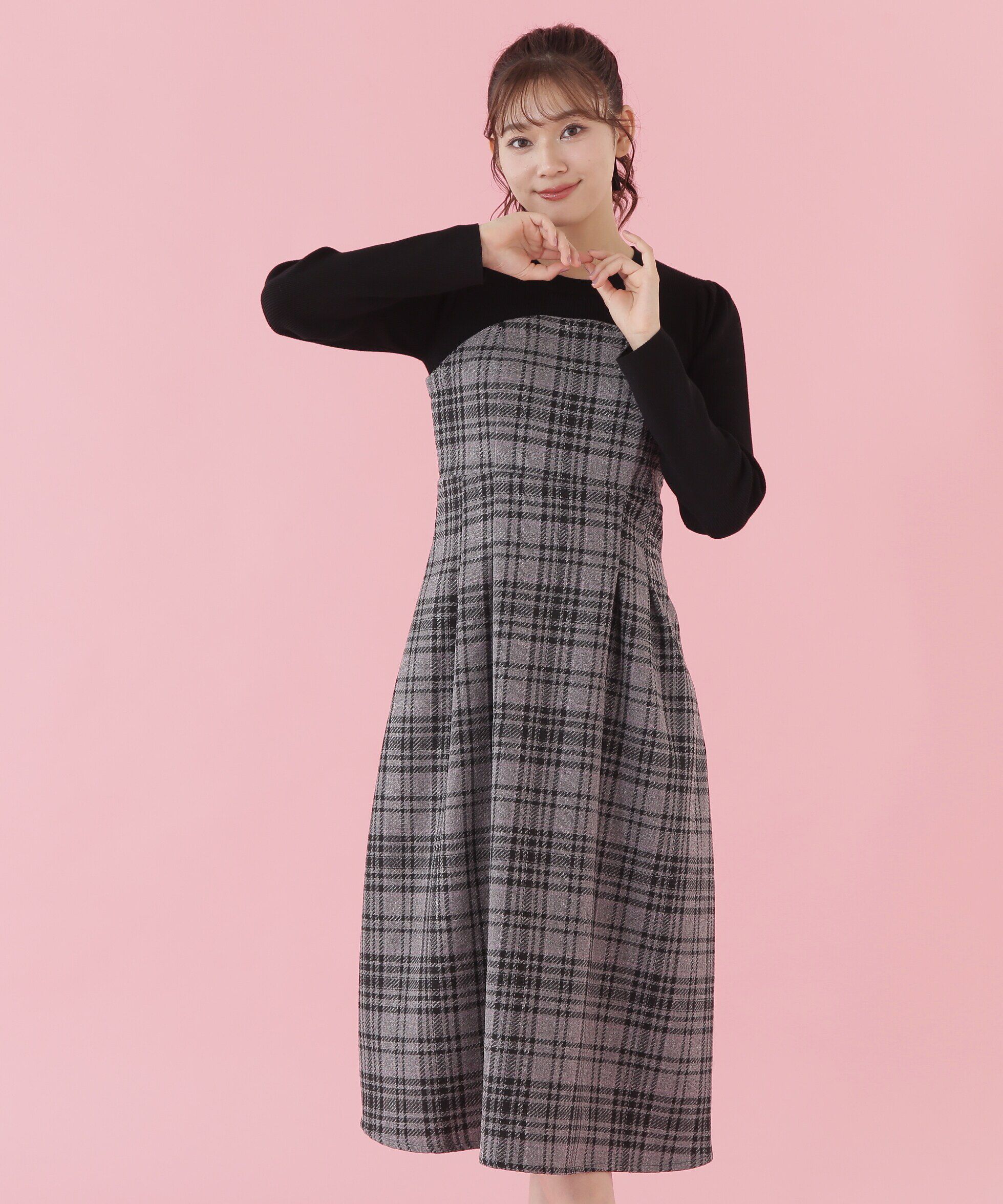  「オリジナルミックスツィードチェック　ドッキングワンピース」|ワンピース|
