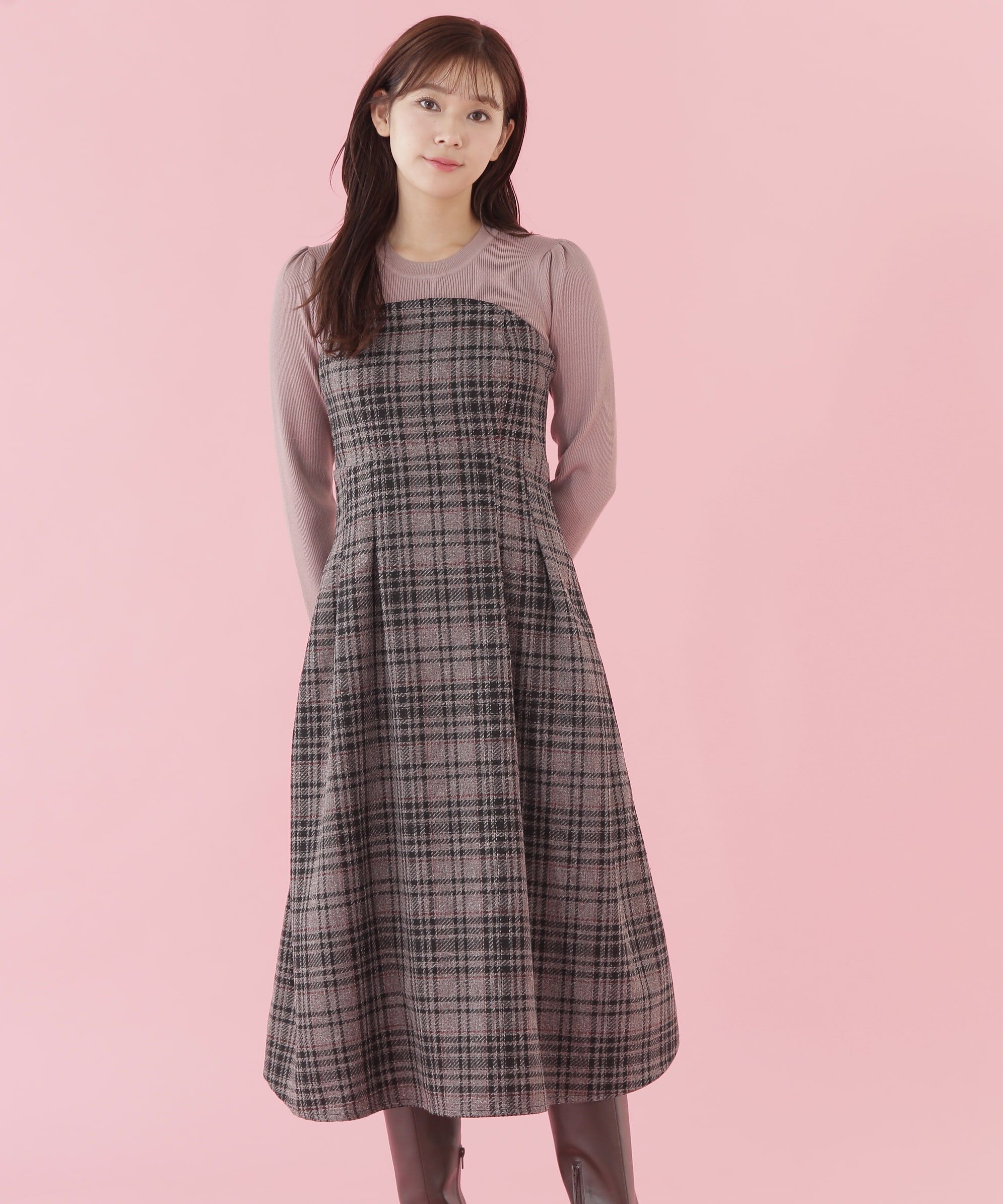  「オリジナルミックスツィードチェック　ドッキングワンピース」|ワンピース|