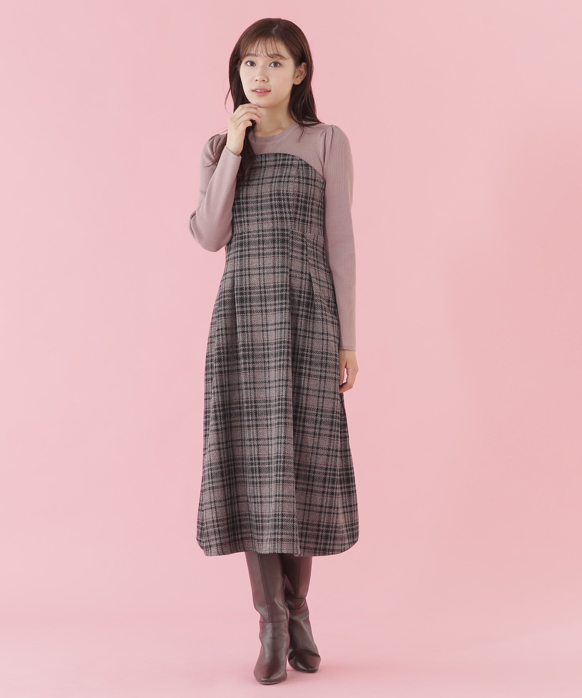  「オリジナルミックスツィードチェック　ドッキングワンピース」|ワンピース|