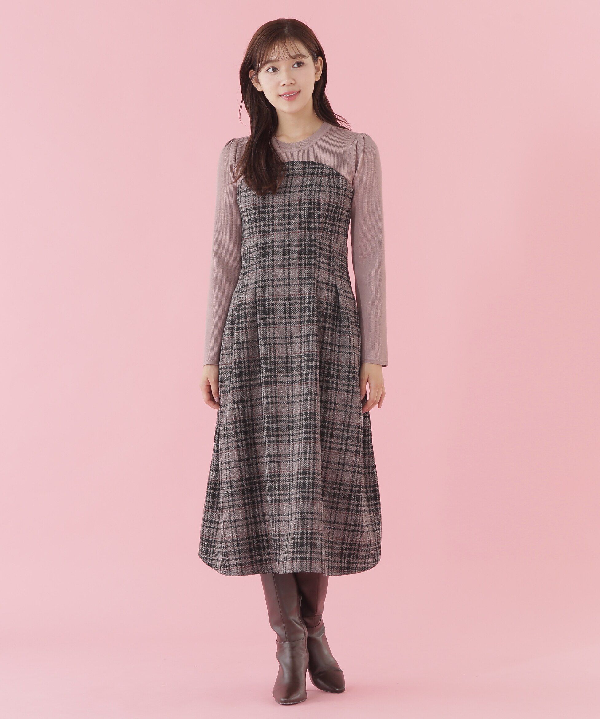  「オリジナルミックスツィードチェック　ドッキングワンピース」|ワンピース|