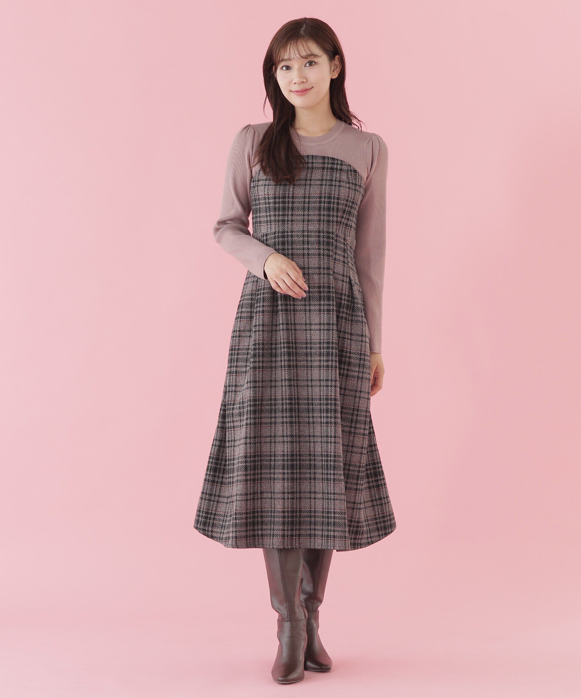  「オリジナルミックスツィードチェック　ドッキングワンピース」|ワンピース|