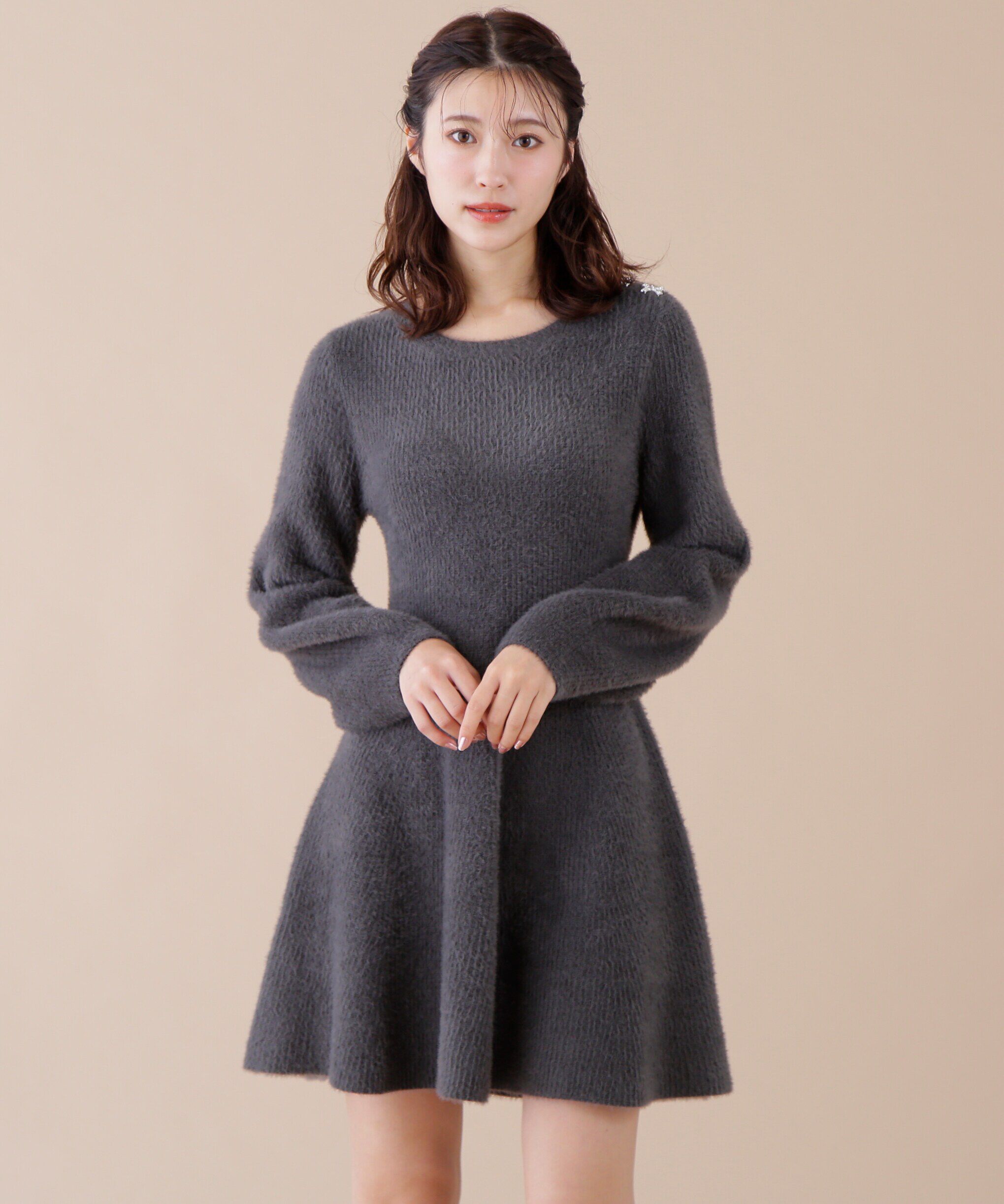  「リボンビジューニットミニワンピース」|ワンピース|