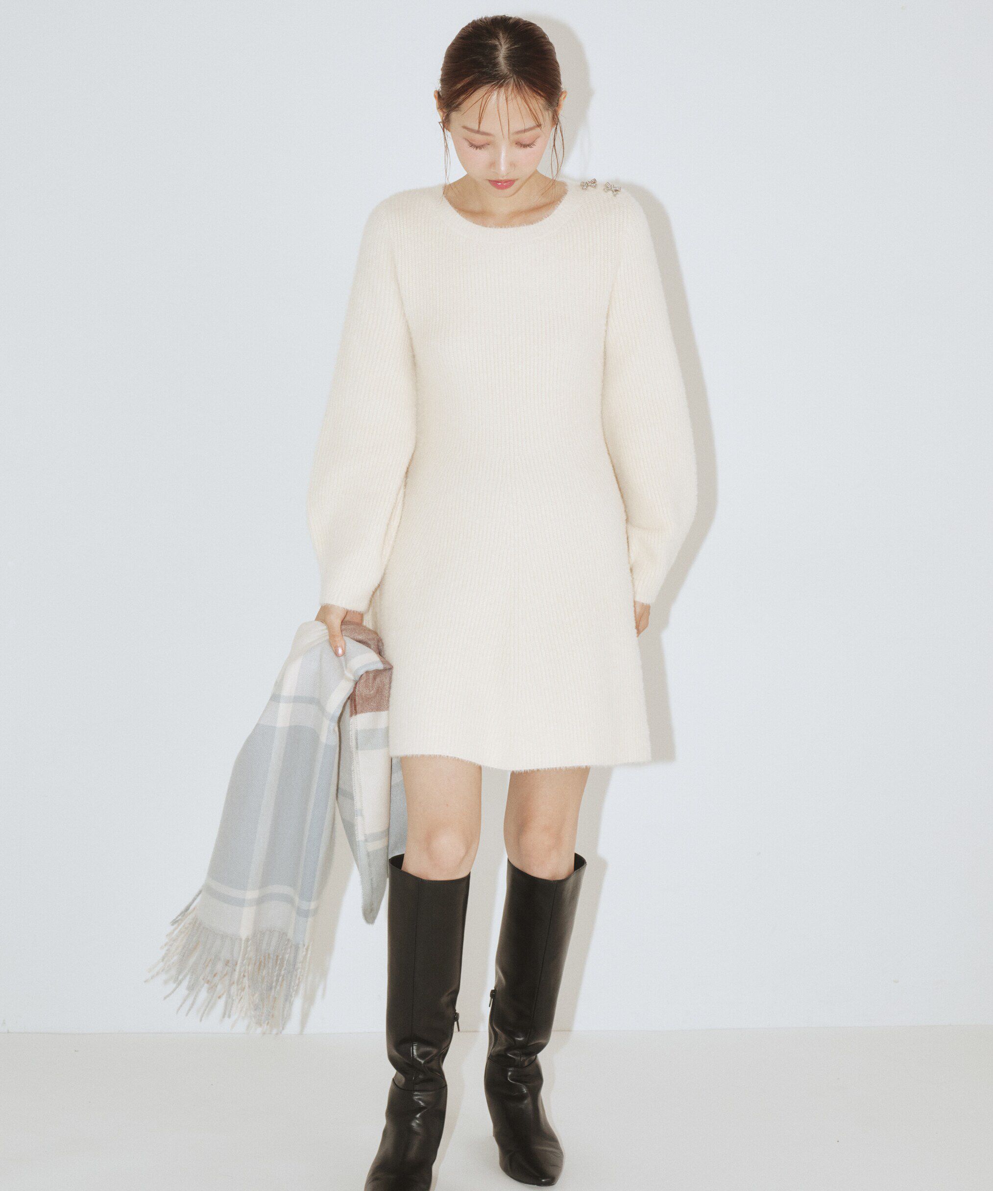  「リボンビジューニットミニワンピース」|ワンピース|