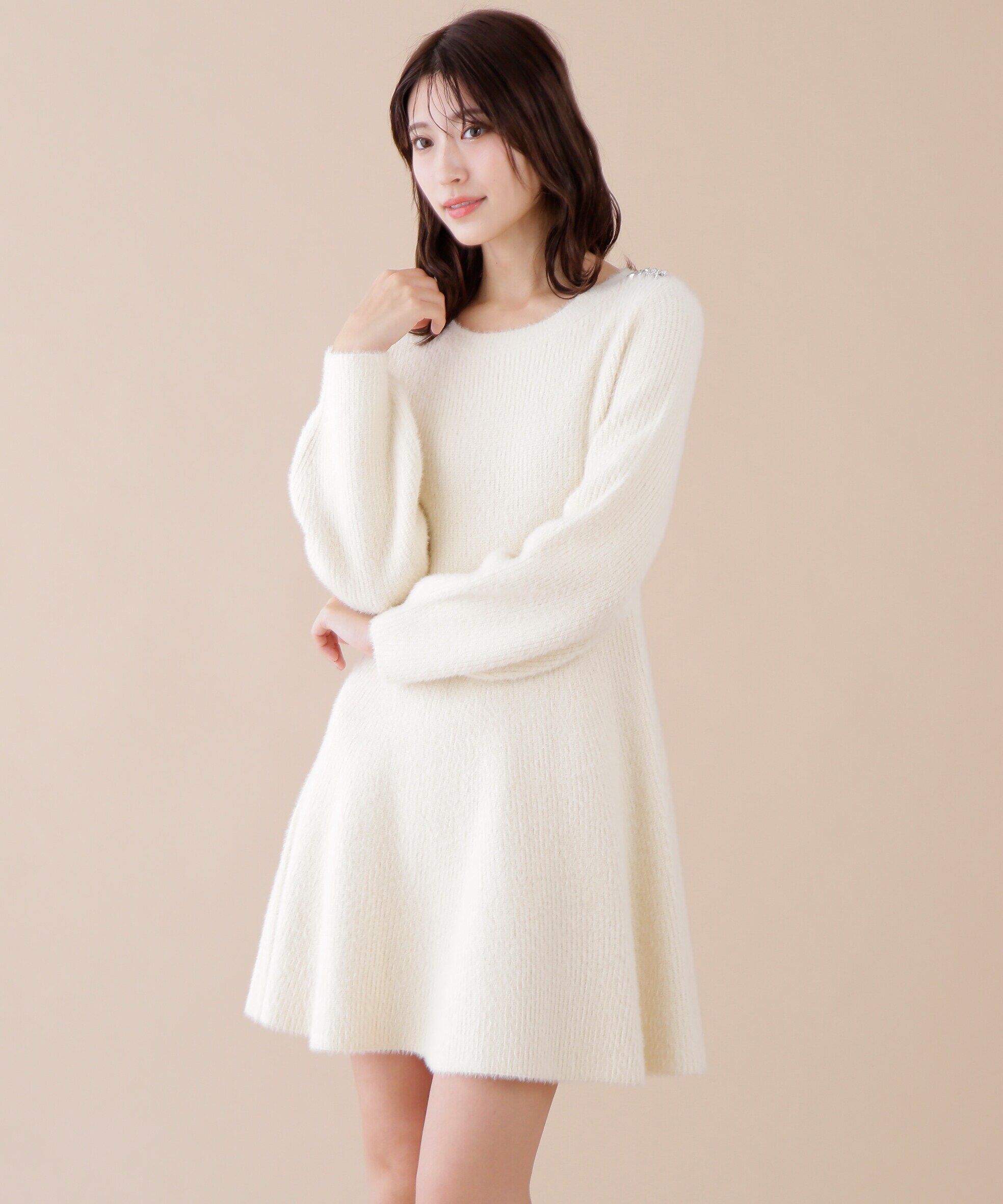  「リボンビジューニットミニワンピース」|ワンピース|