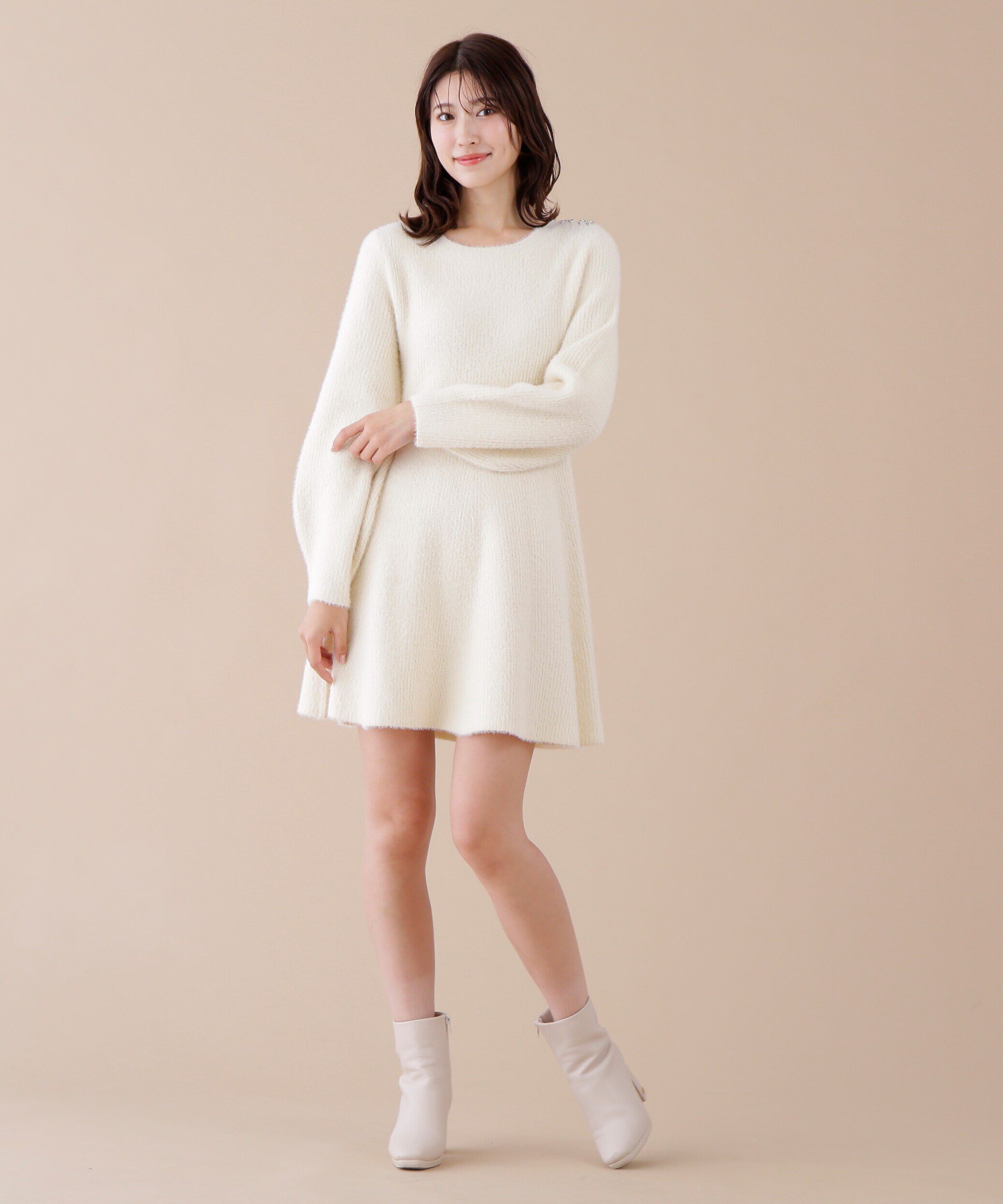  「リボンビジューニットミニワンピース」|ワンピース|