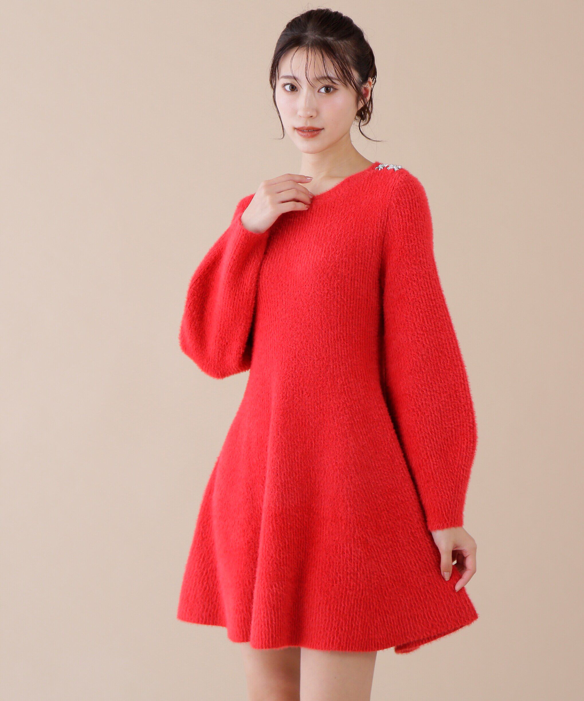  「リボンビジューニットミニワンピース」|ワンピース|