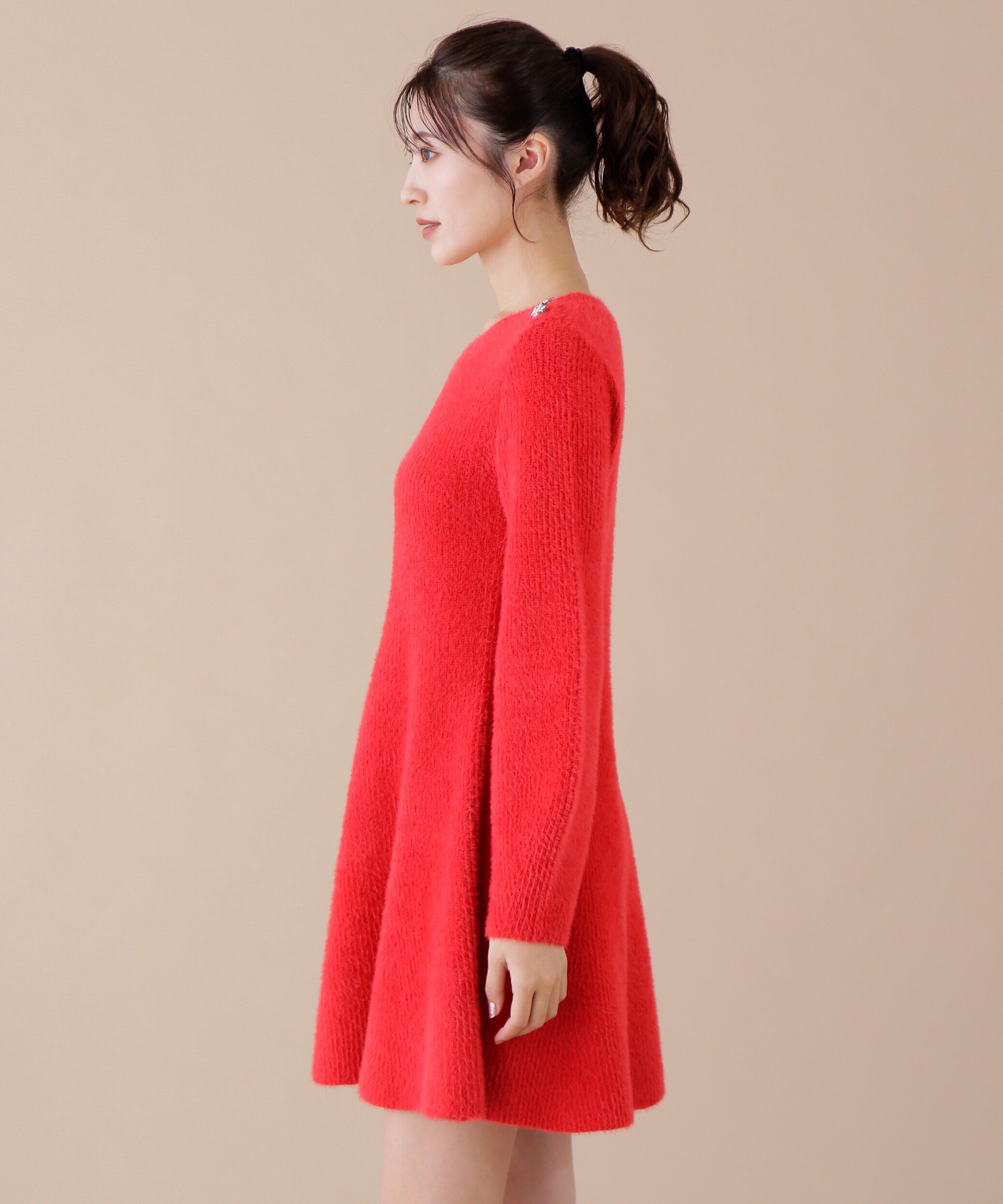  「リボンビジューニットミニワンピース」|ワンピース|