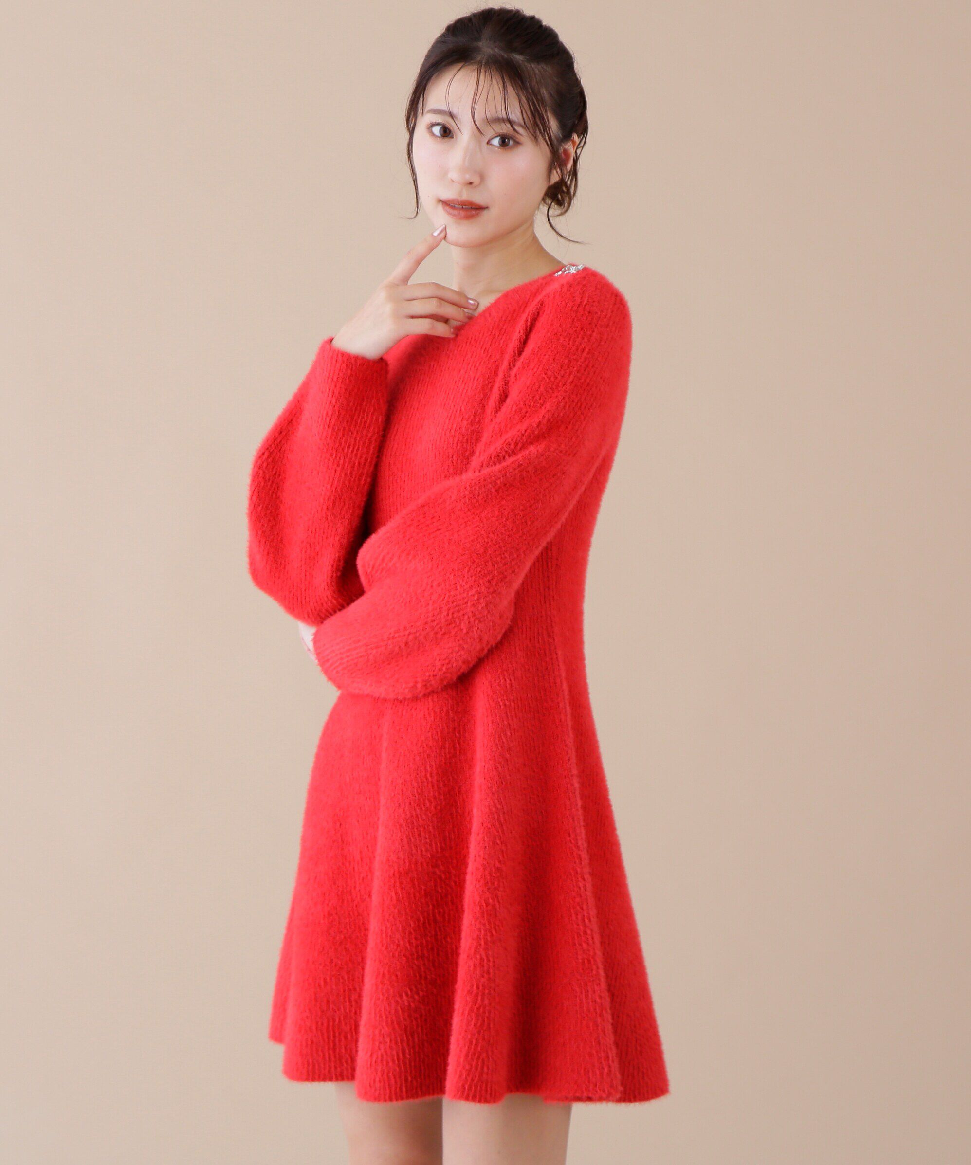  「リボンビジューニットミニワンピース」|ワンピース|