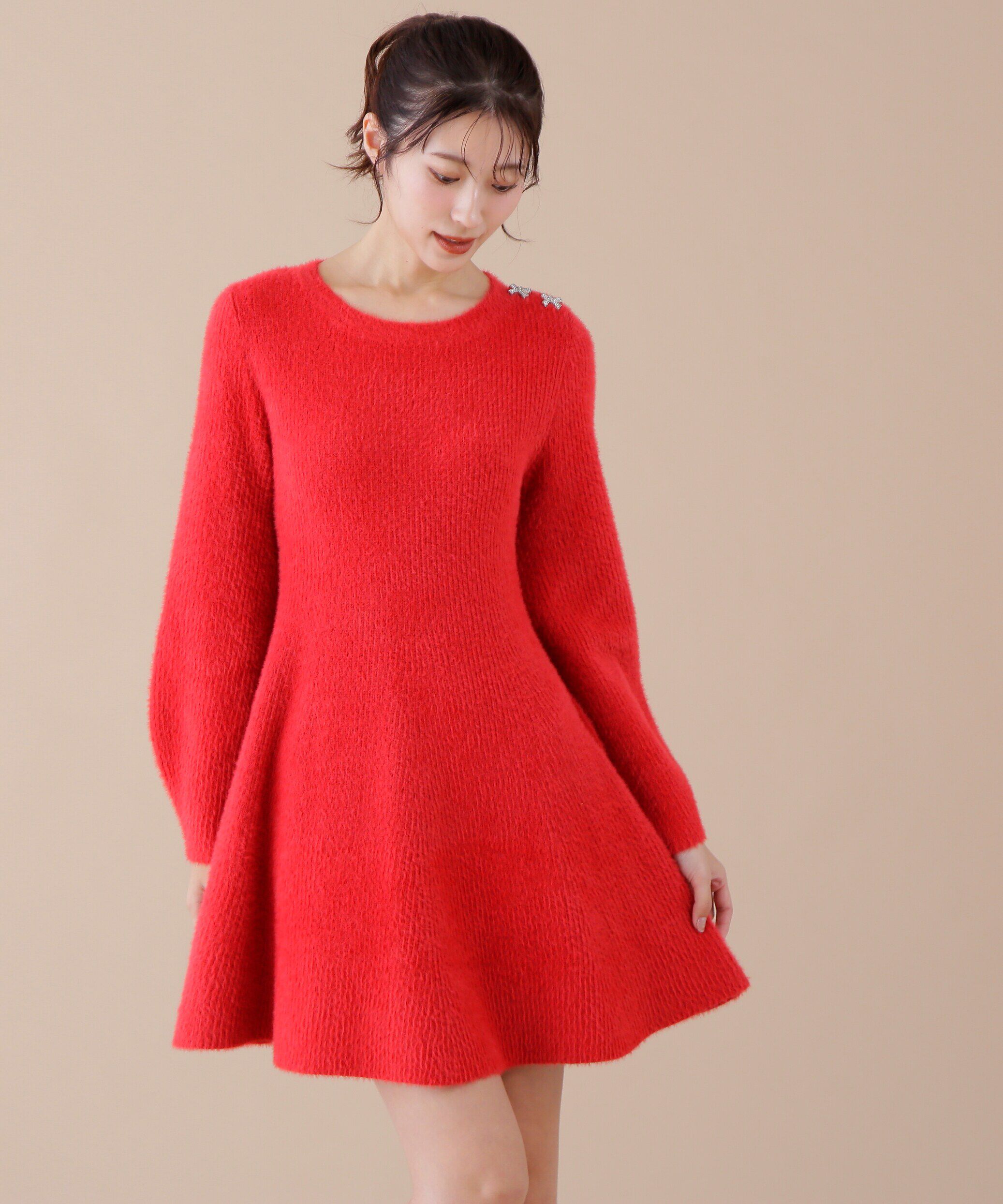  「リボンビジューニットミニワンピース」|ワンピース|