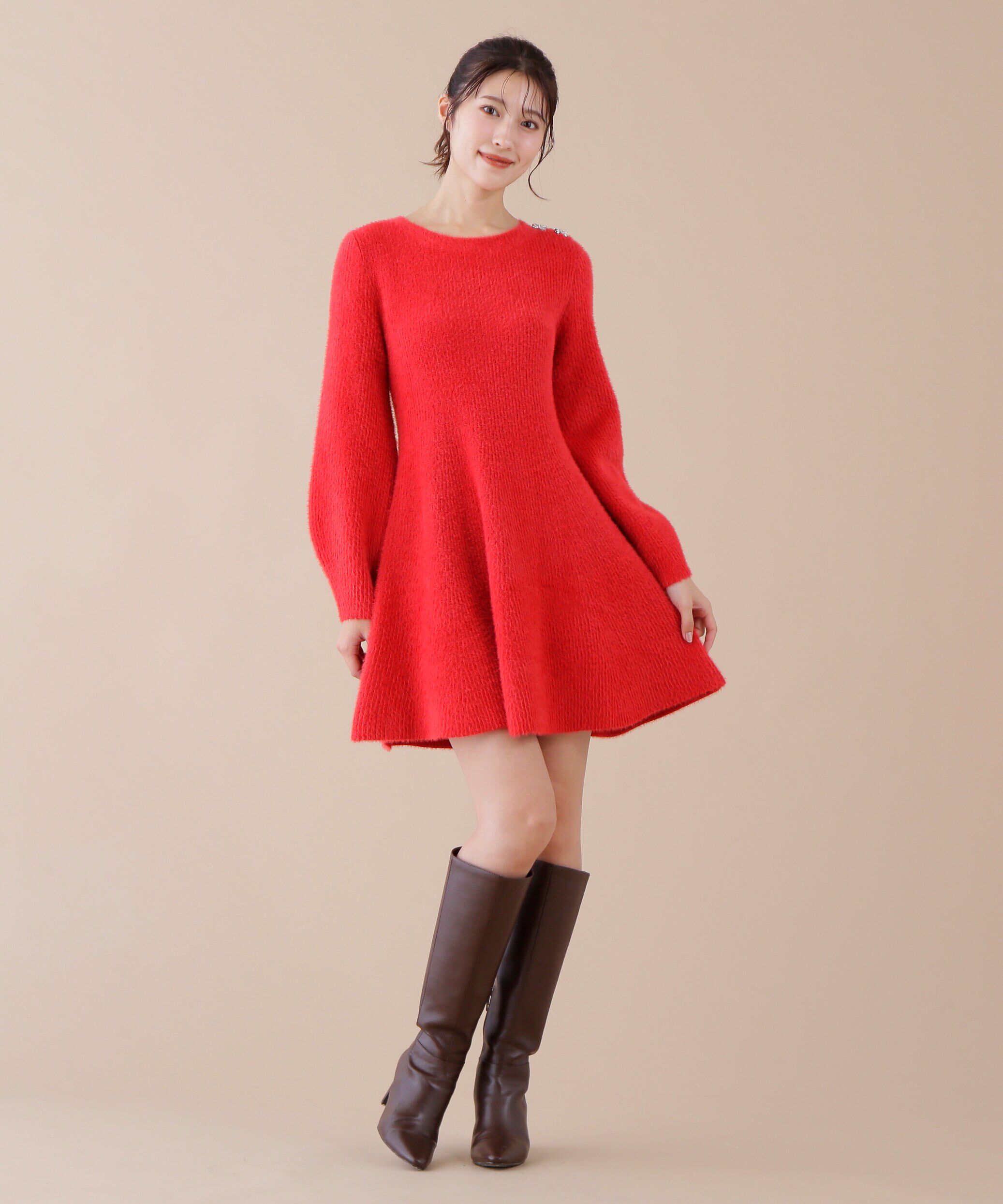  「リボンビジューニットミニワンピース」|ワンピース|