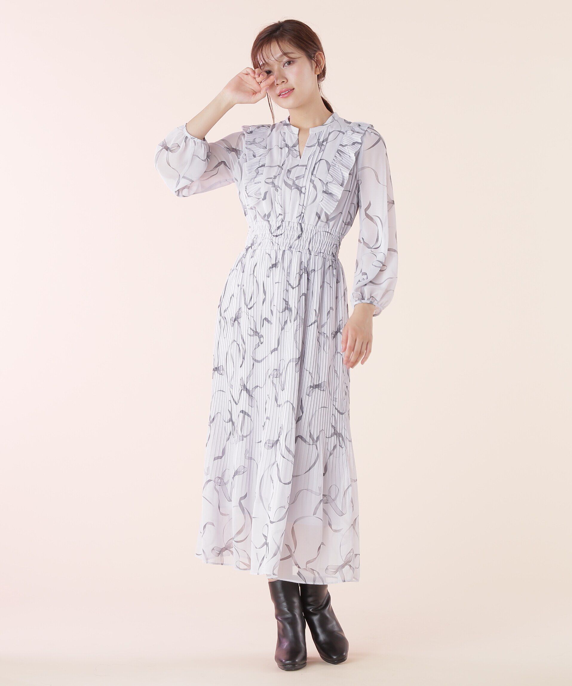  「◆＜リボンシリーズ＞リボンプリントプリーツワンピース」|ワンピース|