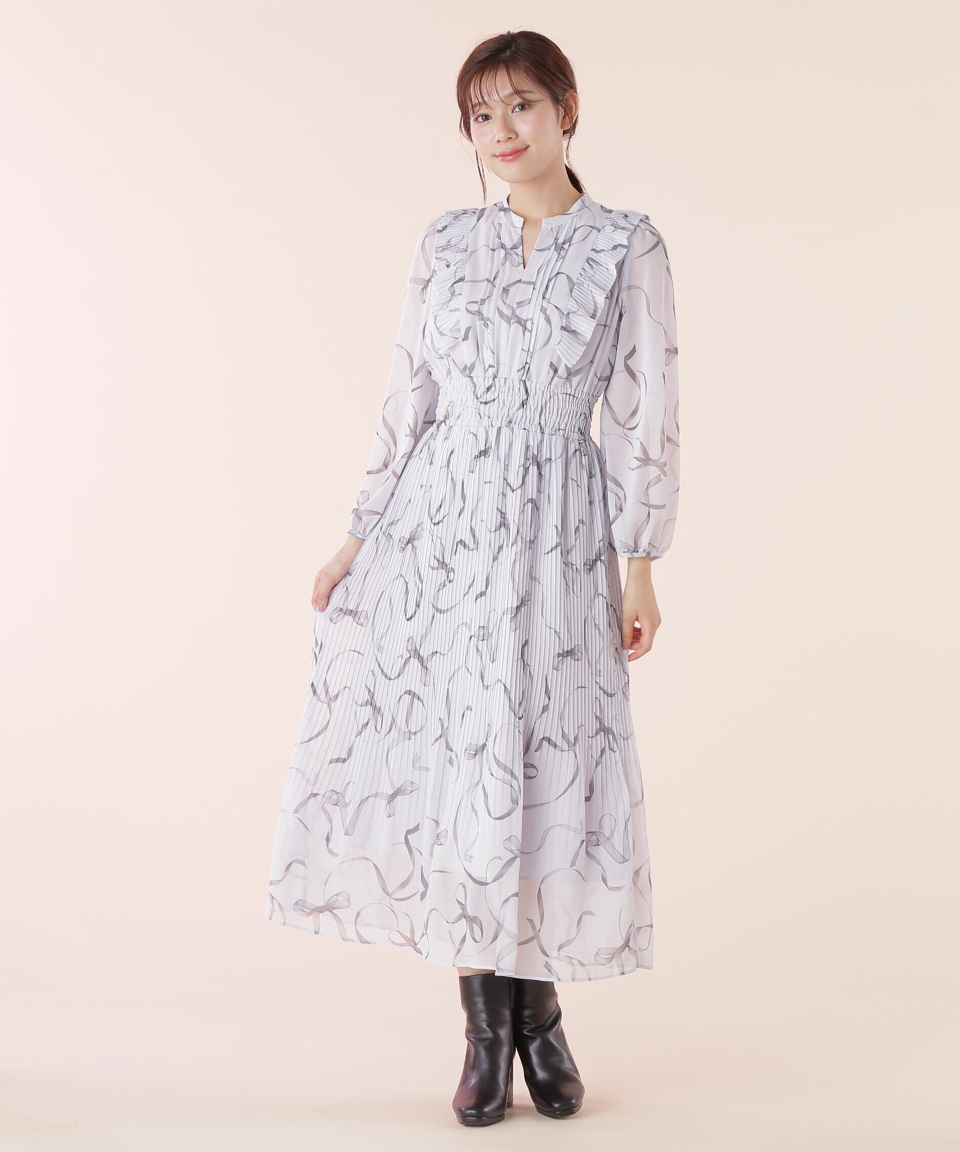  「◆＜リボンシリーズ＞リボンプリントプリーツワンピース」|ワンピース|