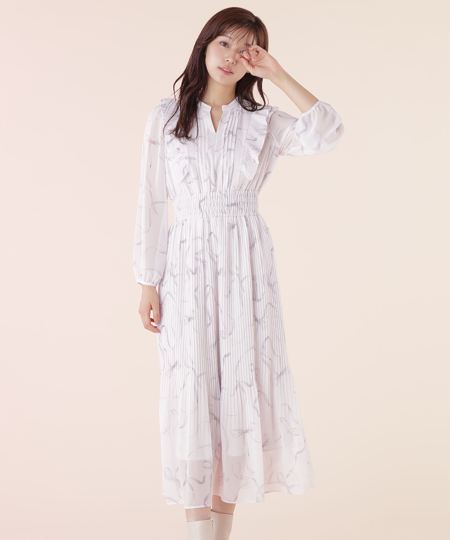  「◆＜リボンシリーズ＞リボンプリントプリーツワンピース」|ワンピース|