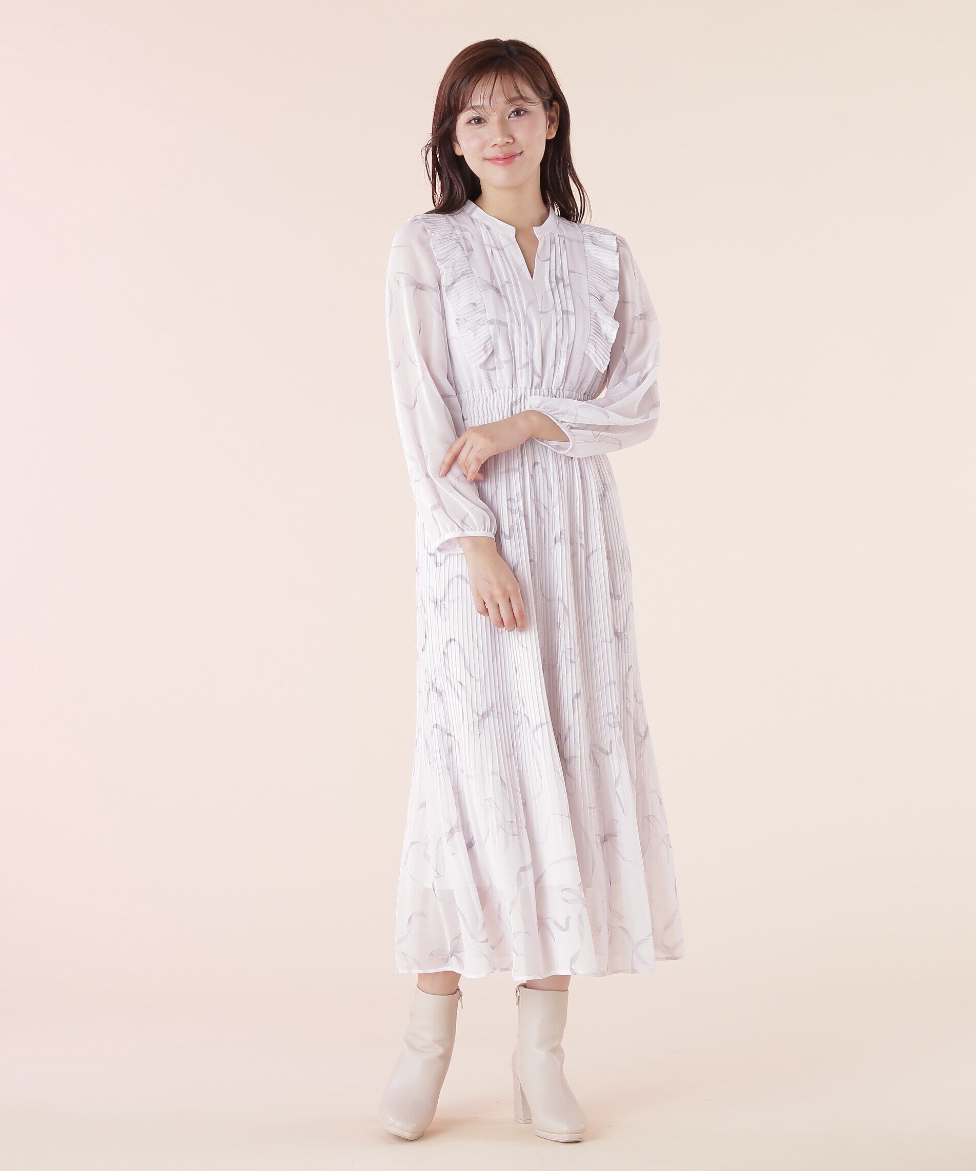  「◆＜リボンシリーズ＞リボンプリントプリーツワンピース」|ワンピース|