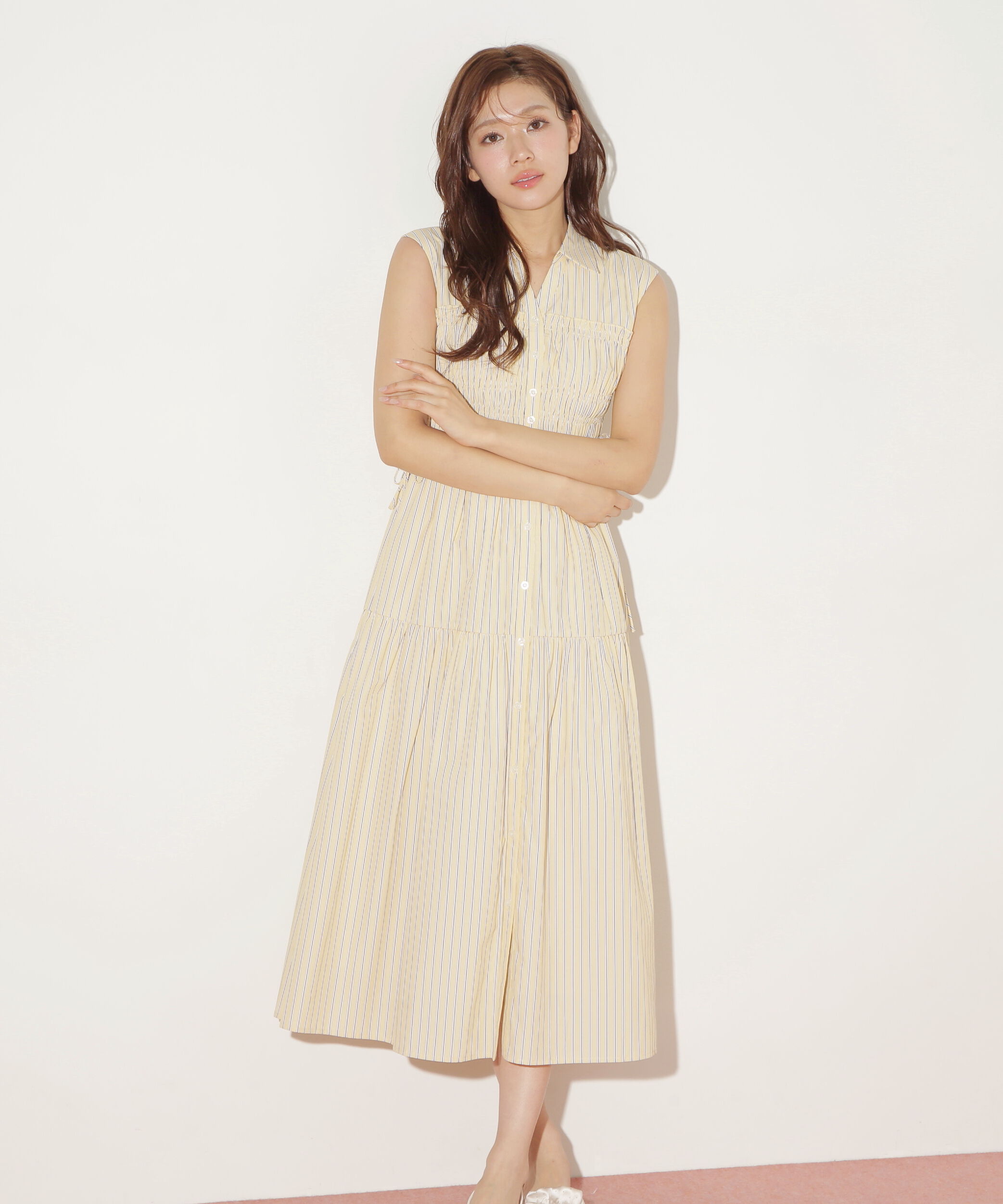  「ウエストシャーリングストライプシャツワンピース」|ワンピース|