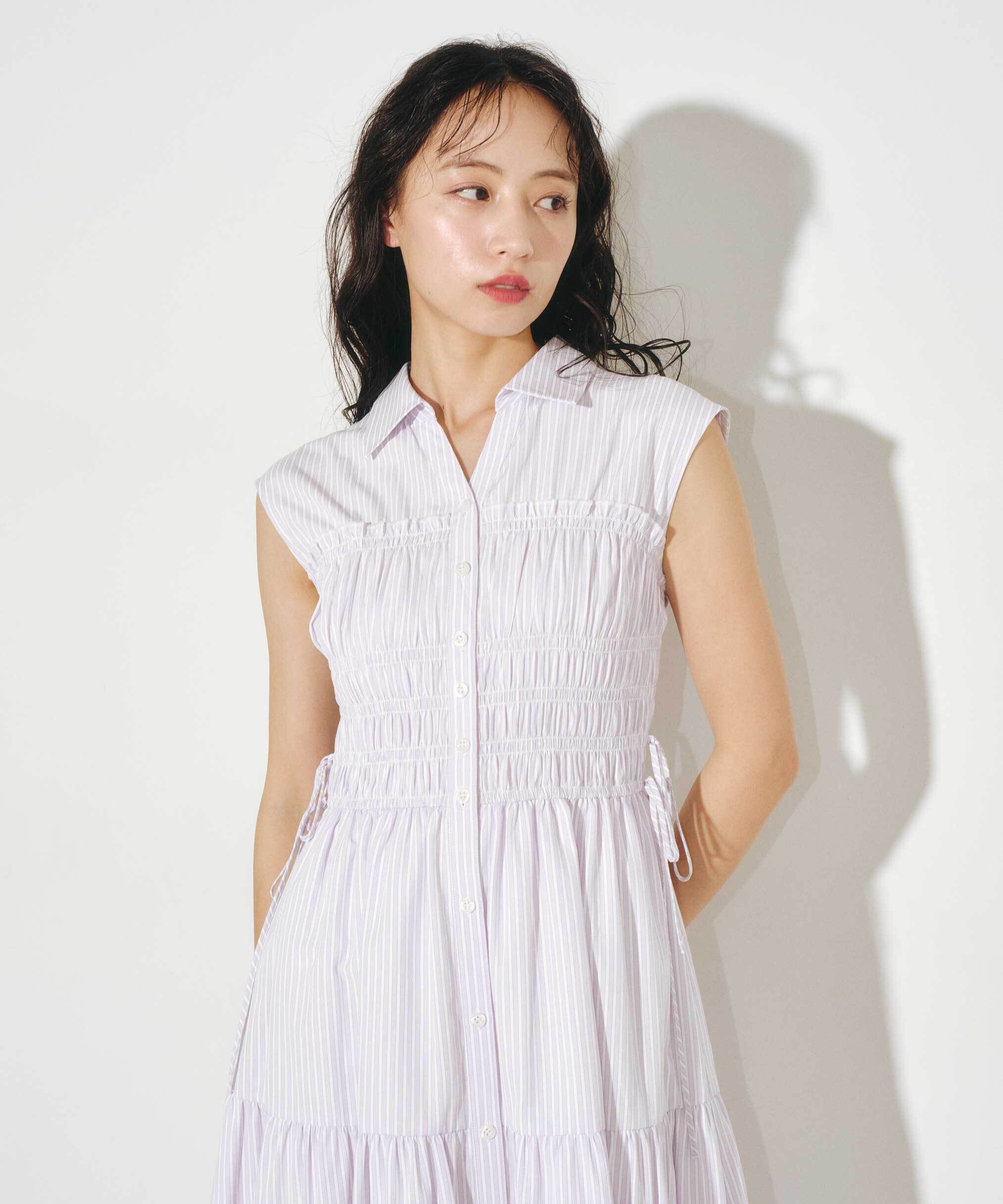  「ウエストシャーリングストライプシャツワンピース」|ワンピース|