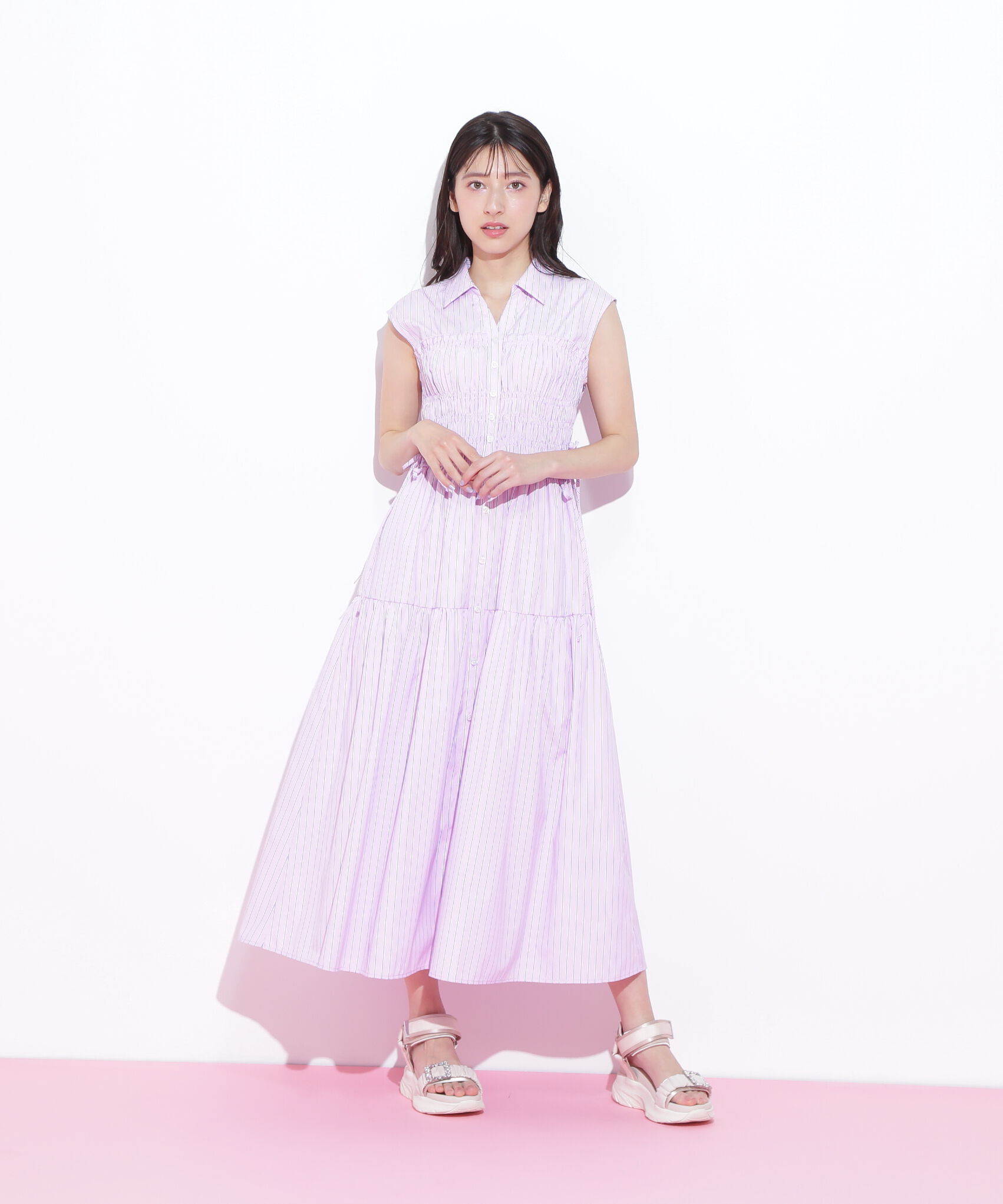  「ウエストシャーリングストライプシャツワンピース」|ワンピース|