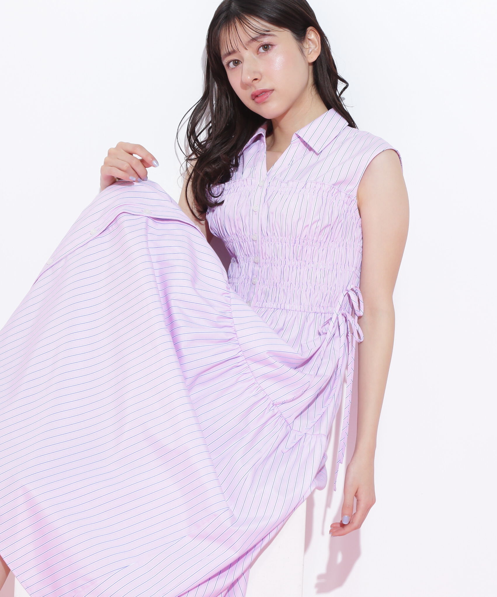  「ウエストシャーリングストライプシャツワンピース」|ワンピース|