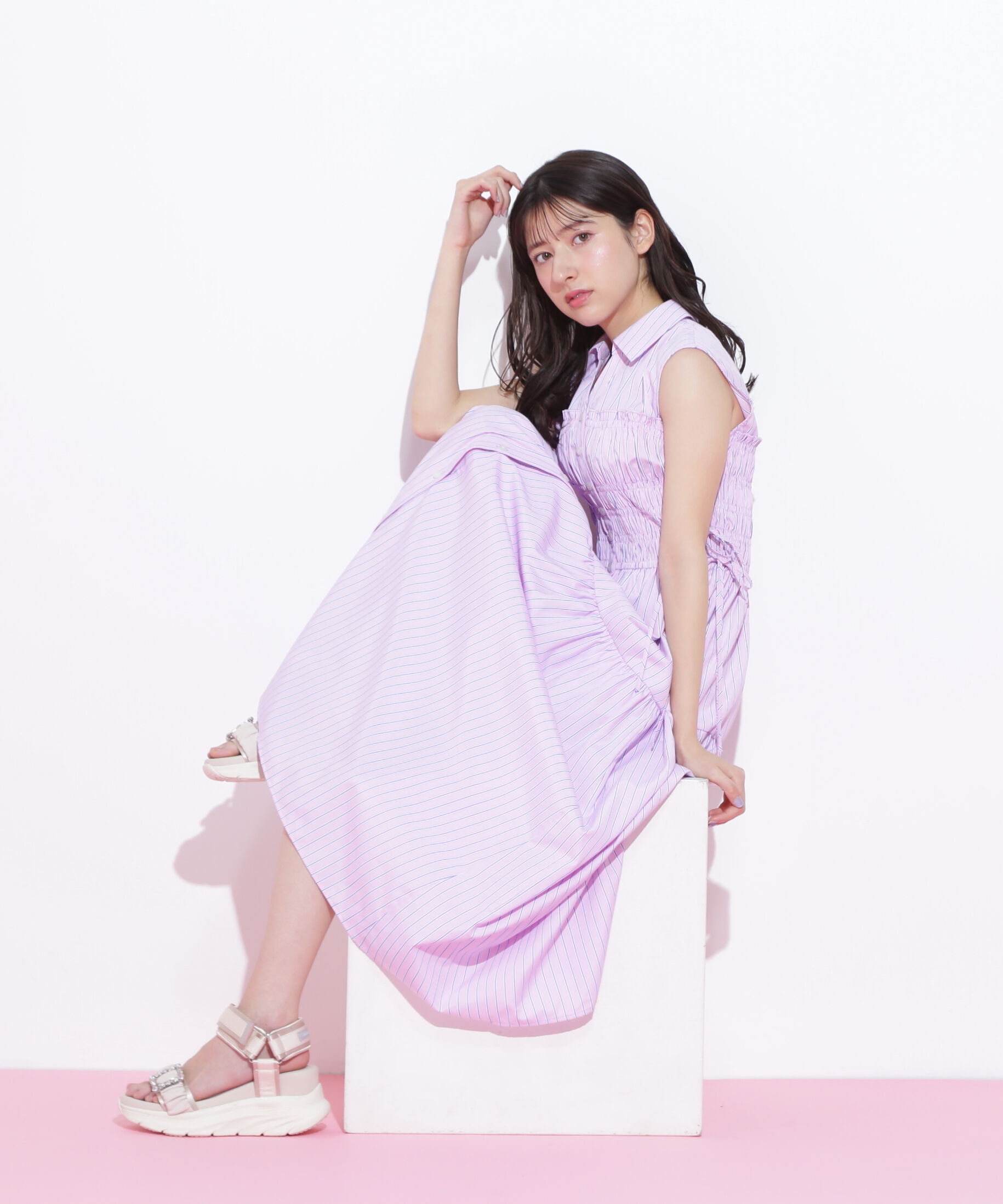  「ウエストシャーリングストライプシャツワンピース」|ワンピース|