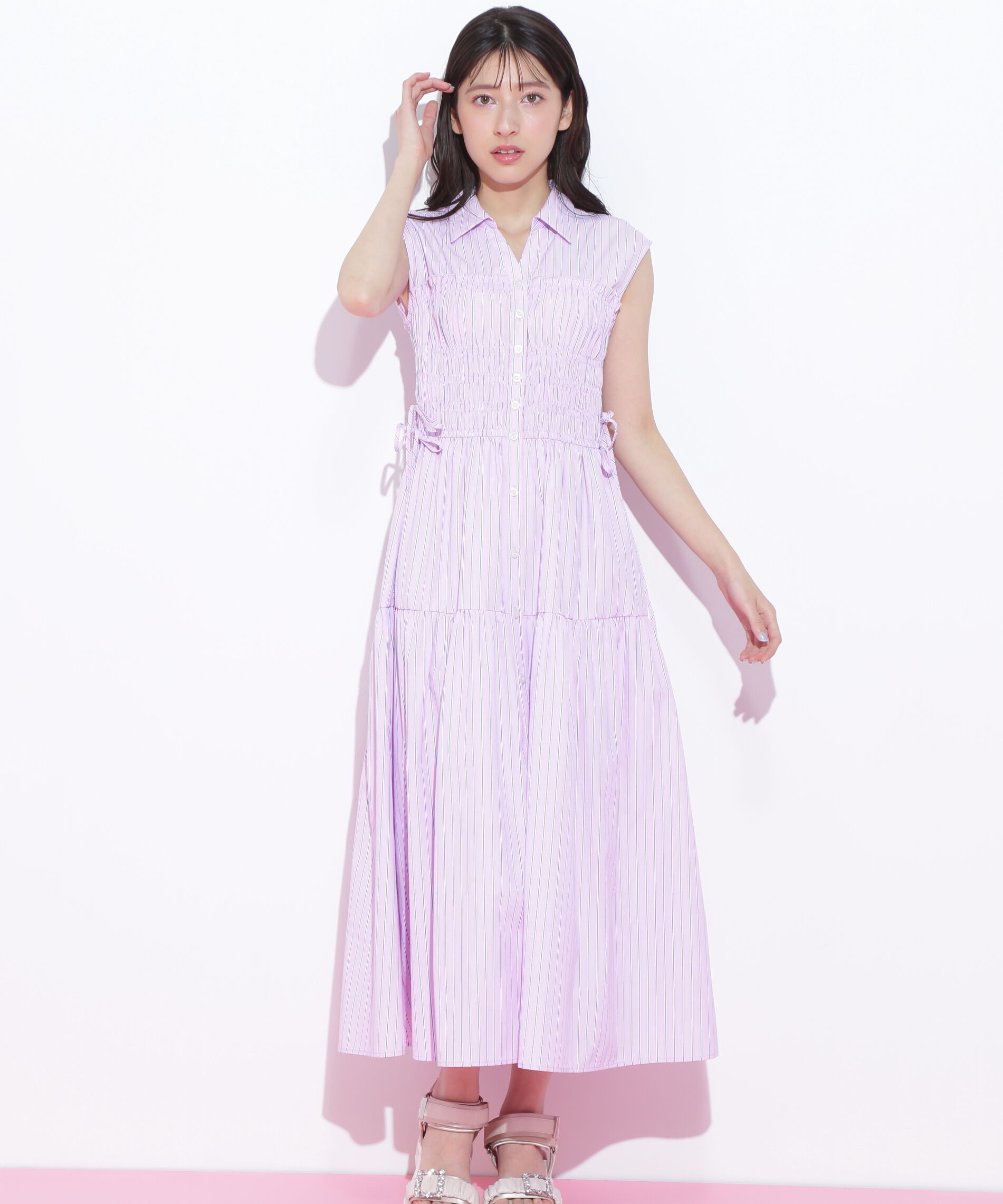  「ウエストシャーリングストライプシャツワンピース」|ワンピース|