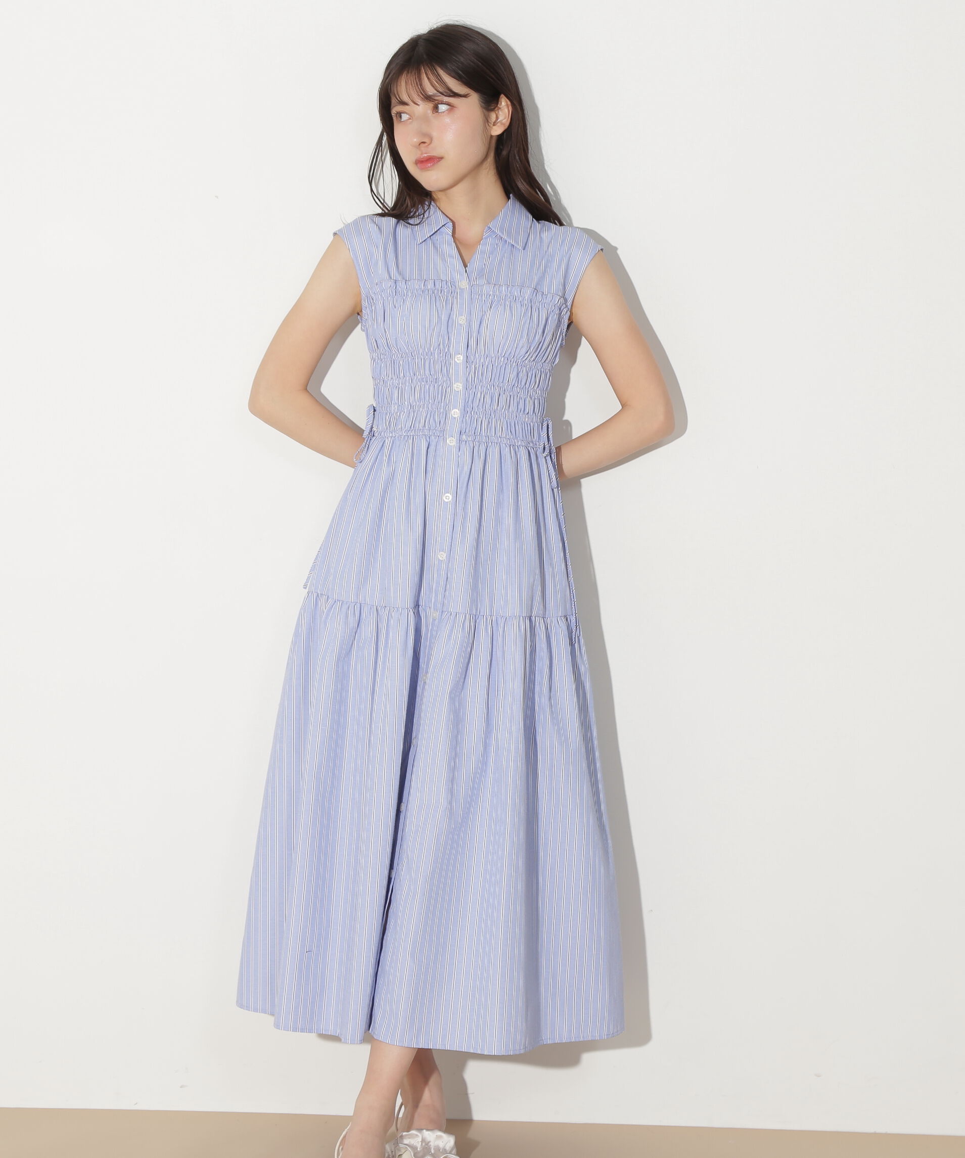  「ウエストシャーリングストライプシャツワンピース」|ワンピース|