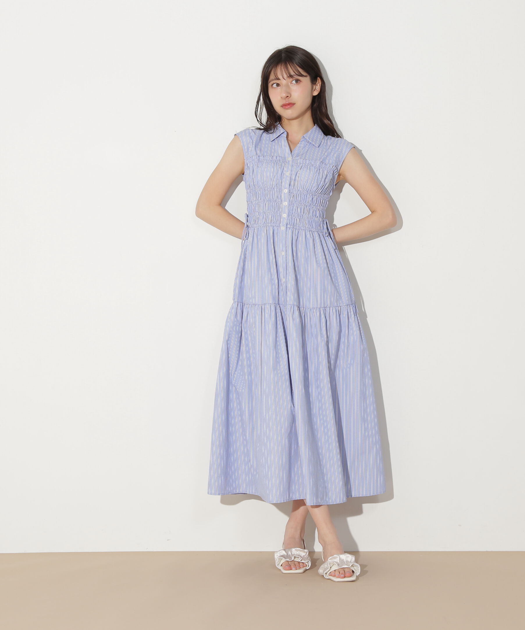  「ウエストシャーリングストライプシャツワンピース」|ワンピース|
