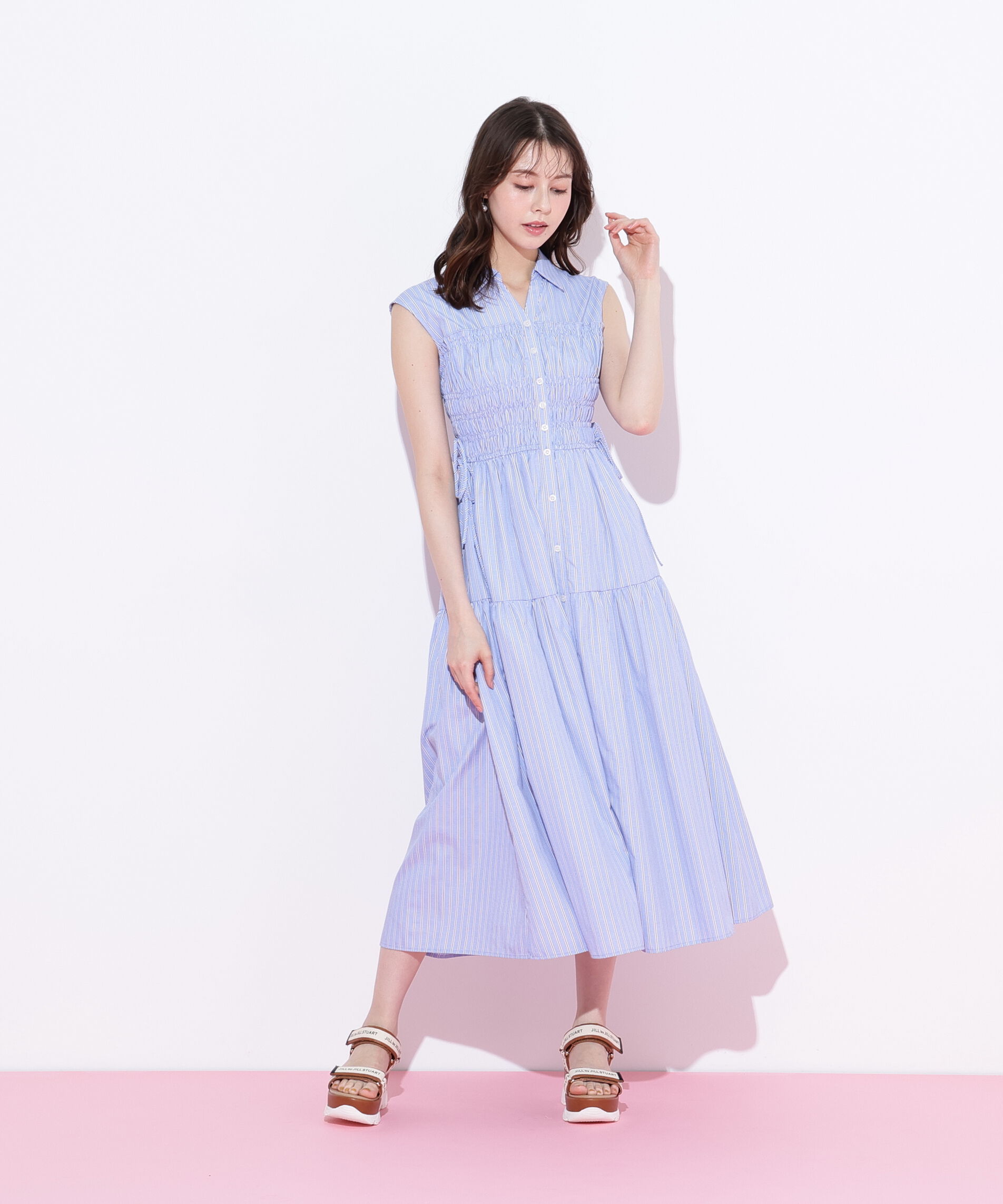  「ウエストシャーリングストライプシャツワンピース」|ワンピース|