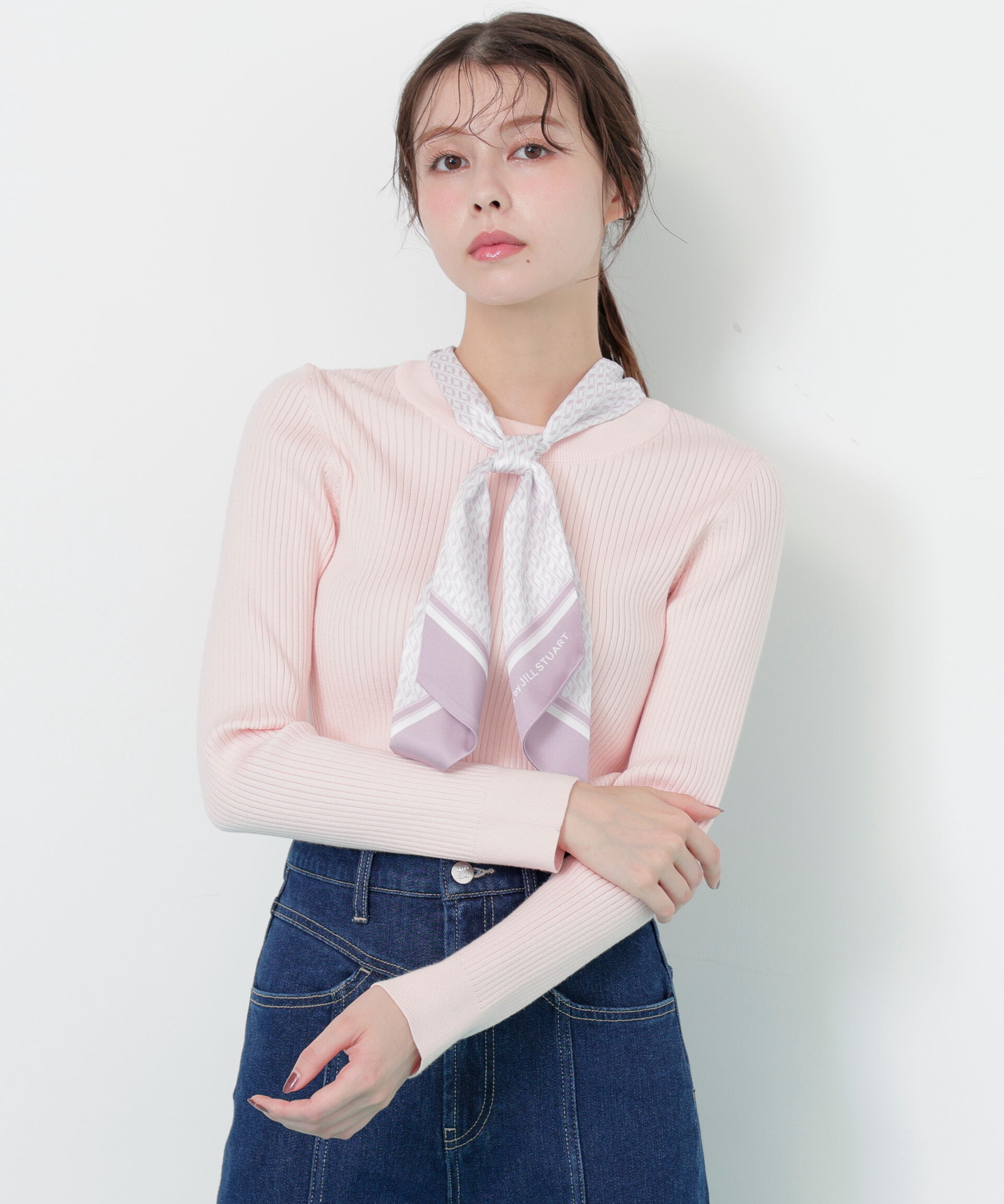  「幾何チェック柄スカーフ付きリブニット」|ニット・セーター|ピンク