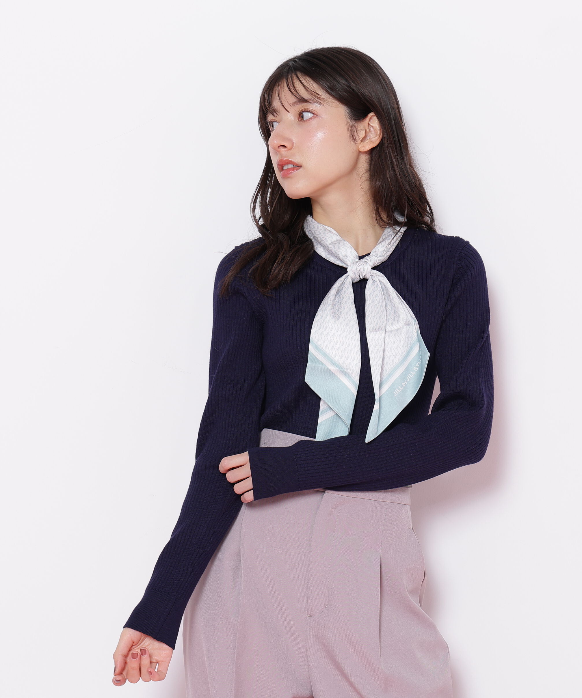  「幾何チェック柄スカーフ付きリブニット」|ニット・セーター|