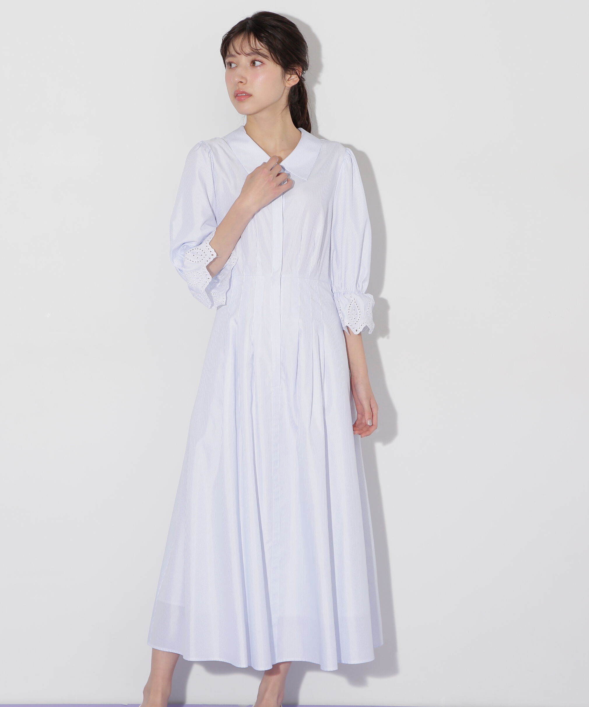  「カットワークスリーブシャツワンピース」|ワンピース|