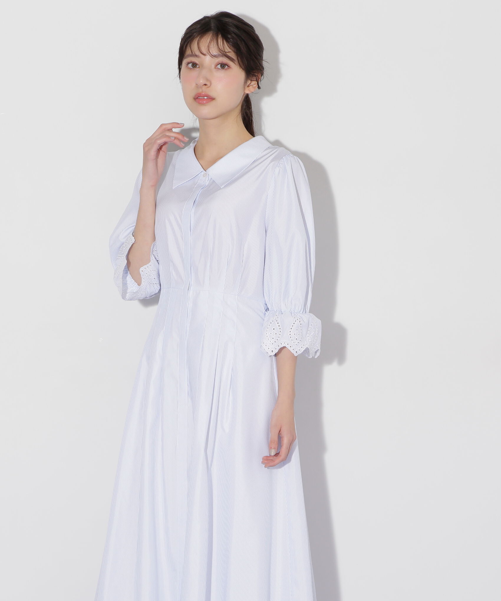  「カットワークスリーブシャツワンピース」|ワンピース|