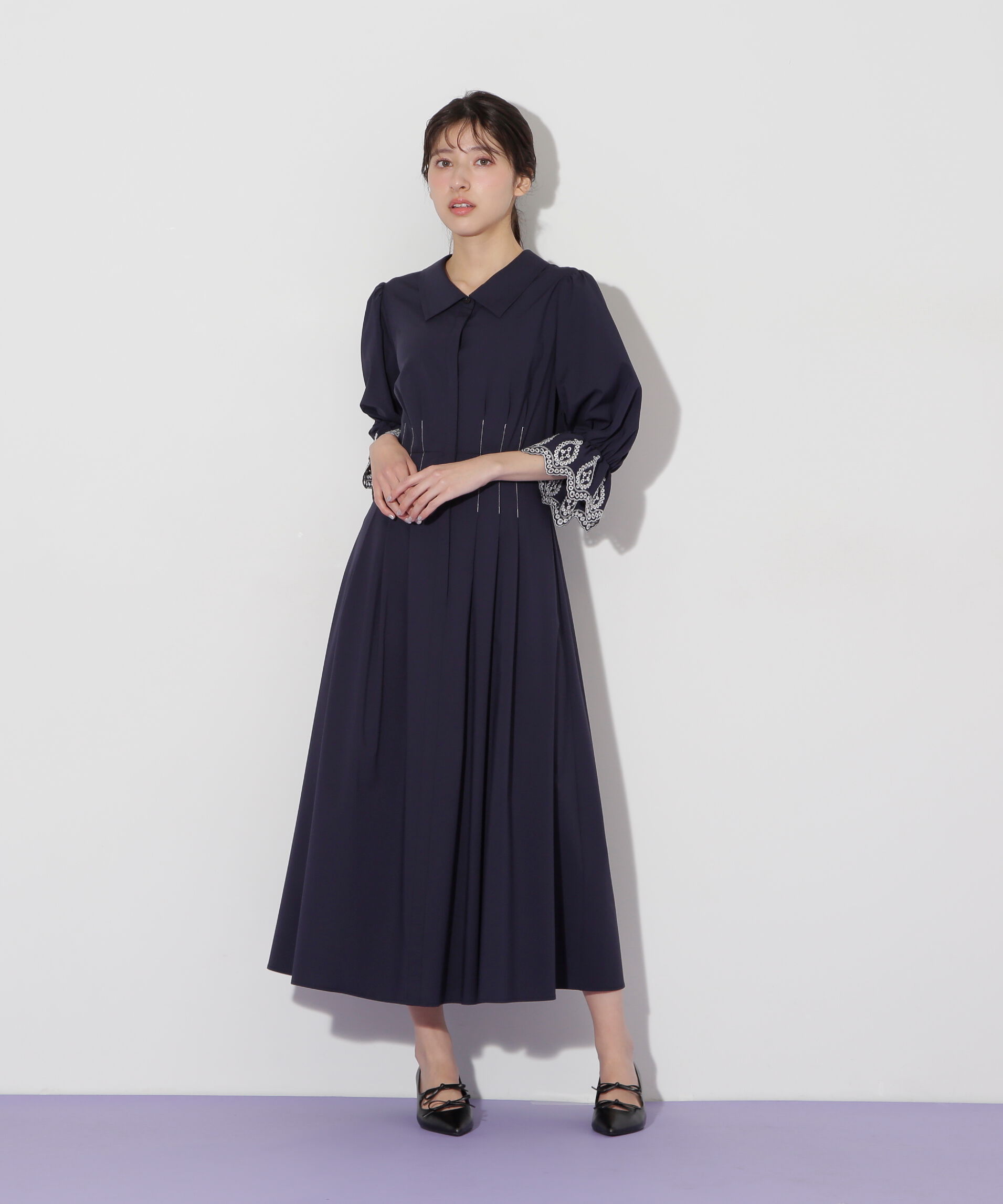  「カットワークスリーブシャツワンピース」|ワンピース|