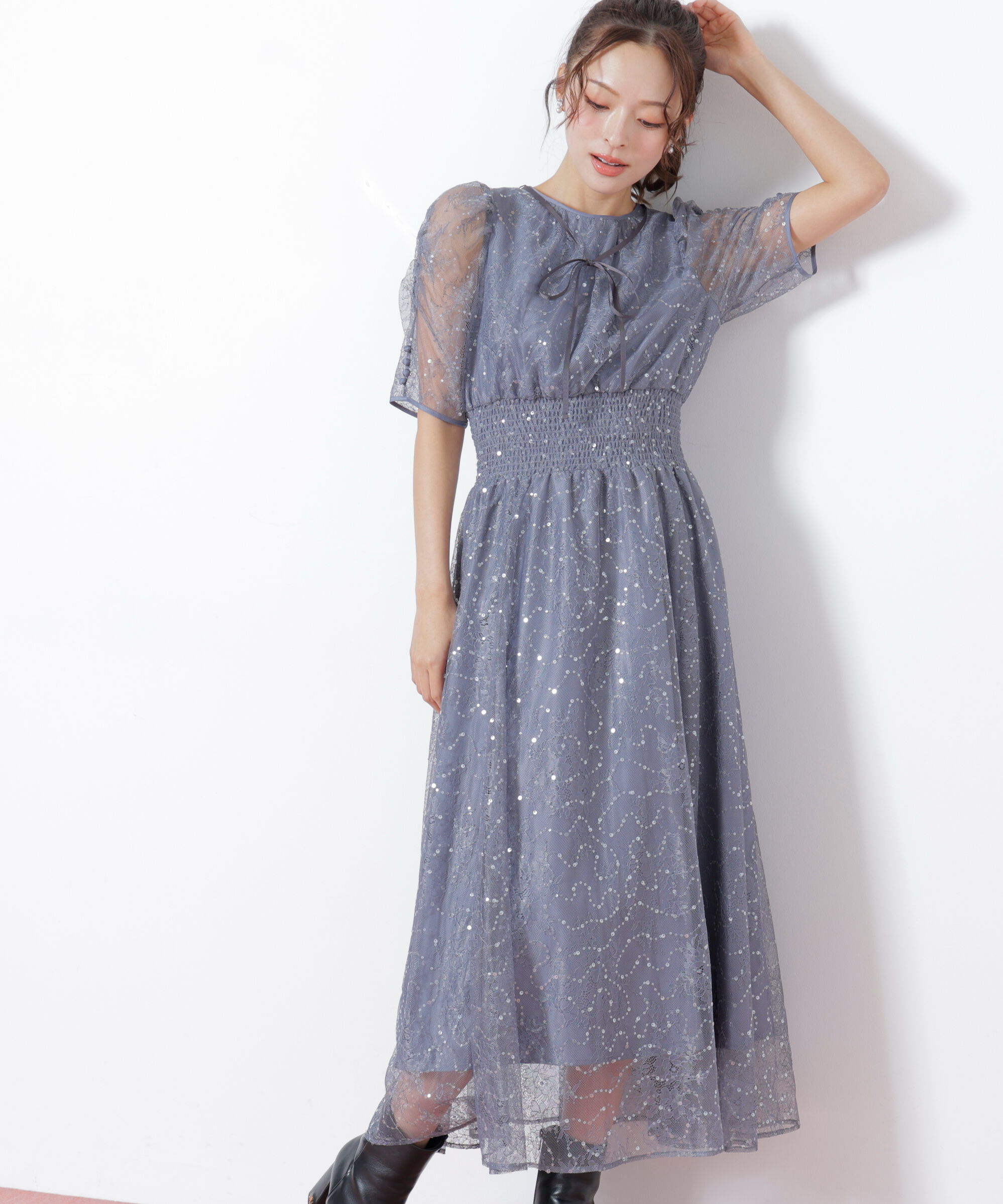  「スパンコール付きレースワンピース」|ワンピース|