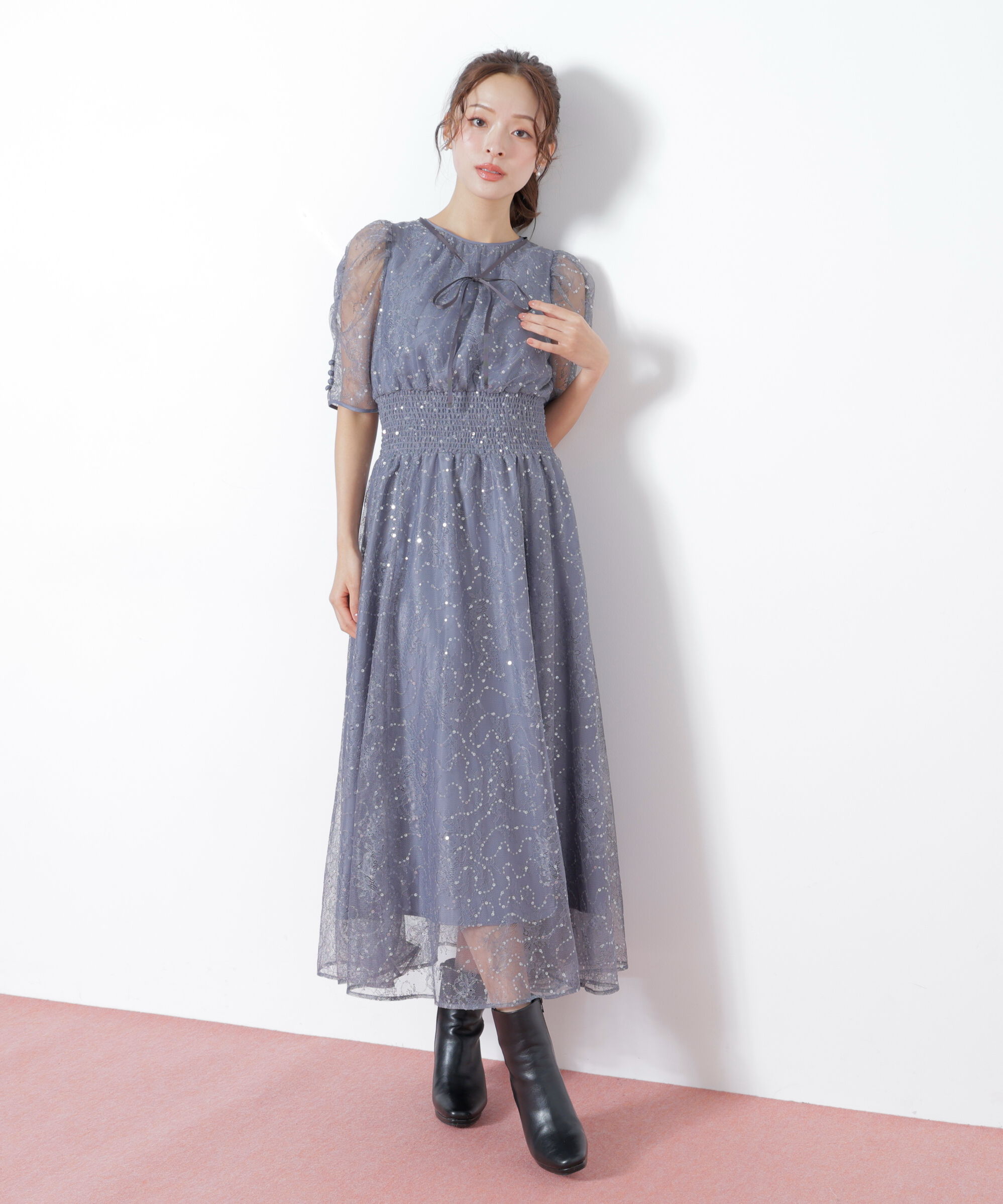  「スパンコール付きレースワンピース」|ワンピース|