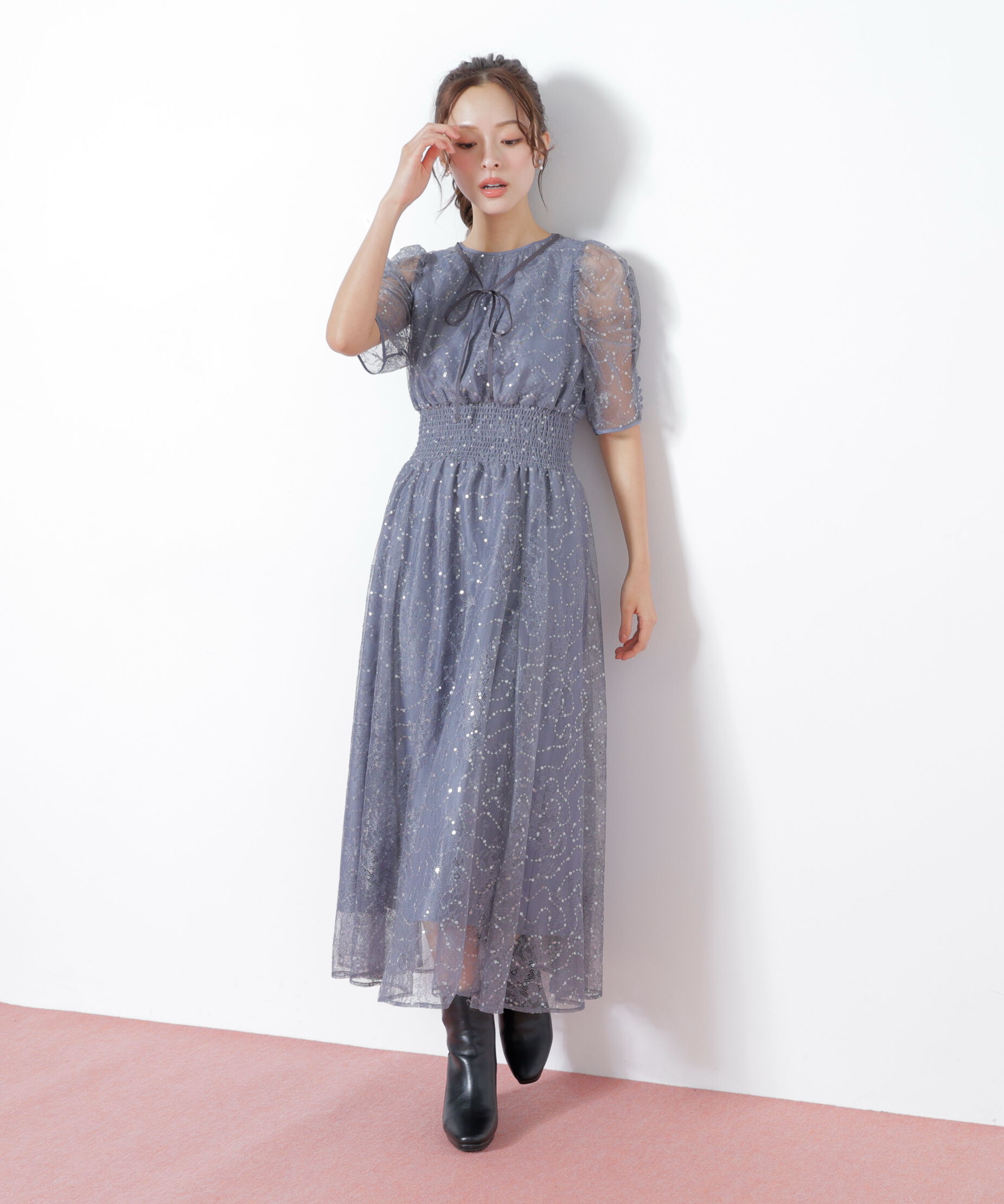  「スパンコール付きレースワンピース」|ワンピース|