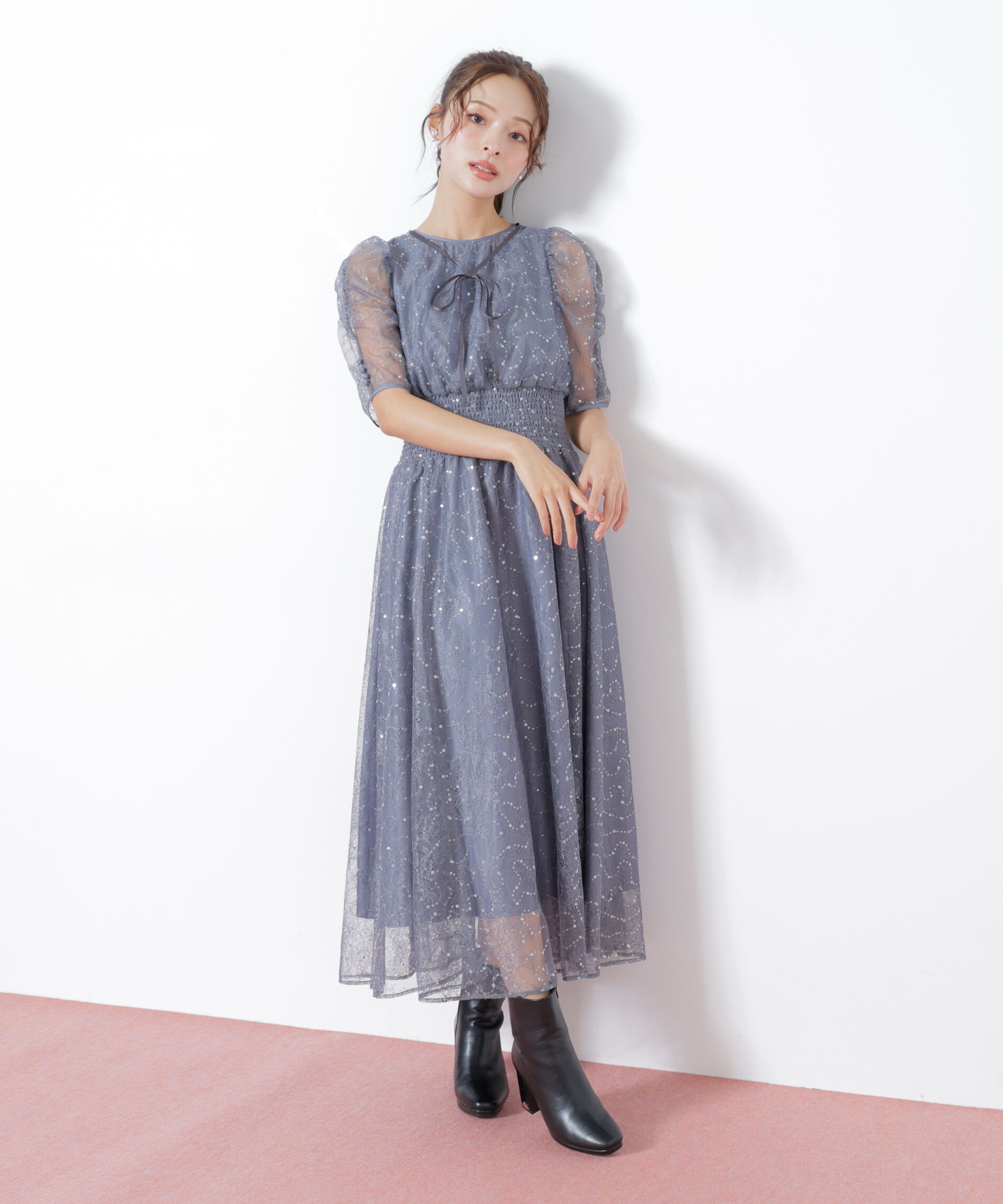  「スパンコール付きレースワンピース」|ワンピース|