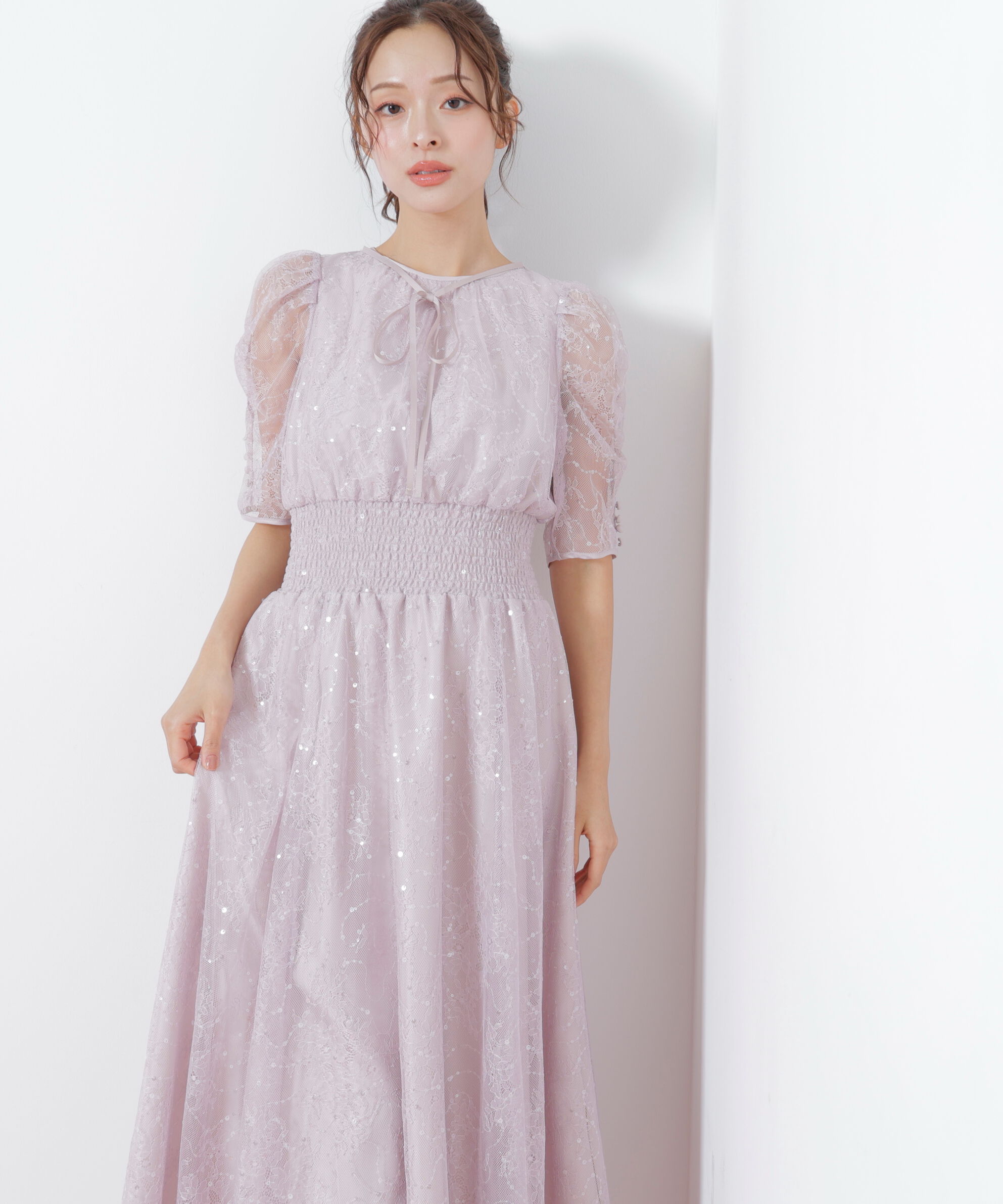  「スパンコール付きレースワンピース」|ワンピース|
