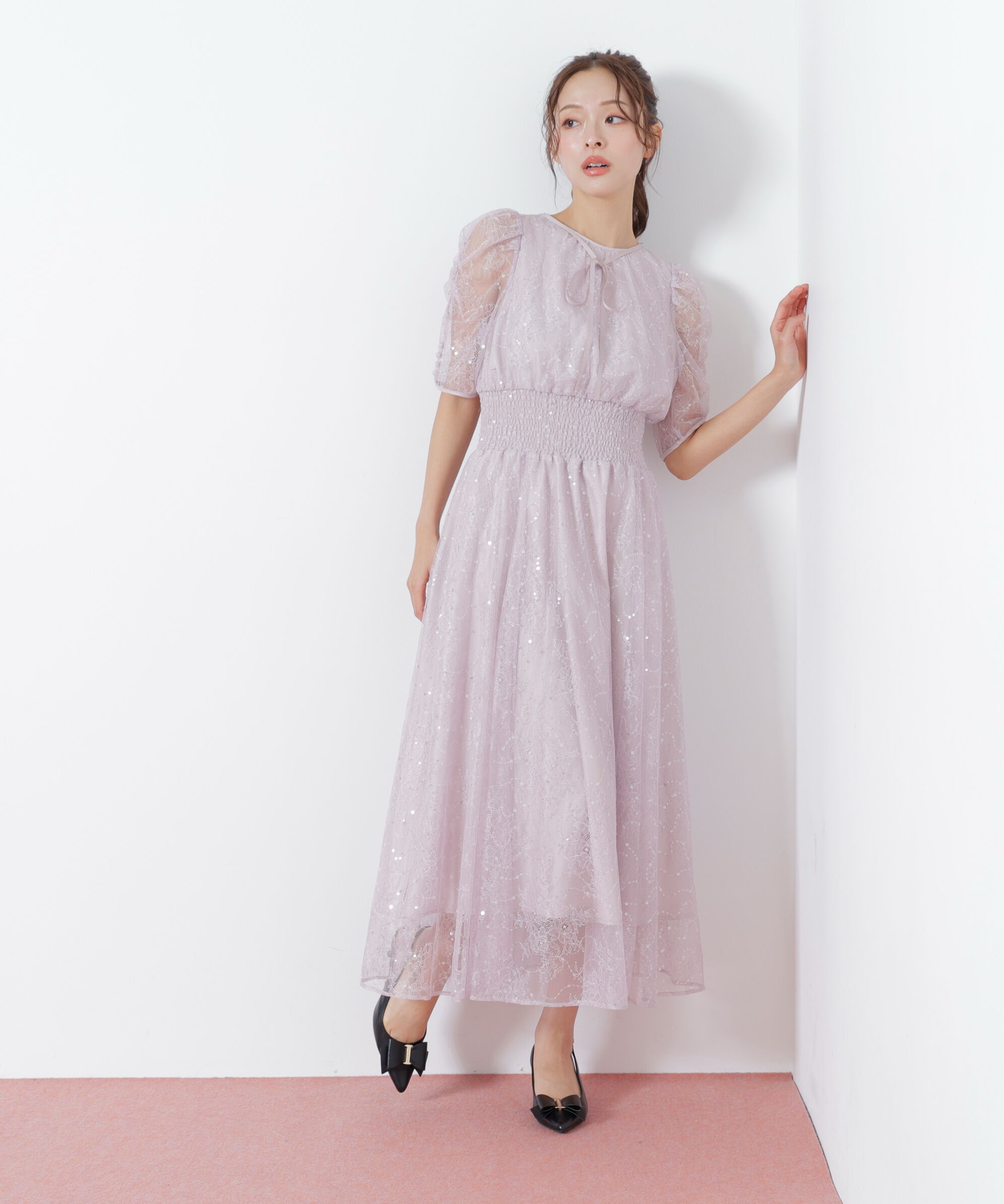  「スパンコール付きレースワンピース」|ワンピース|